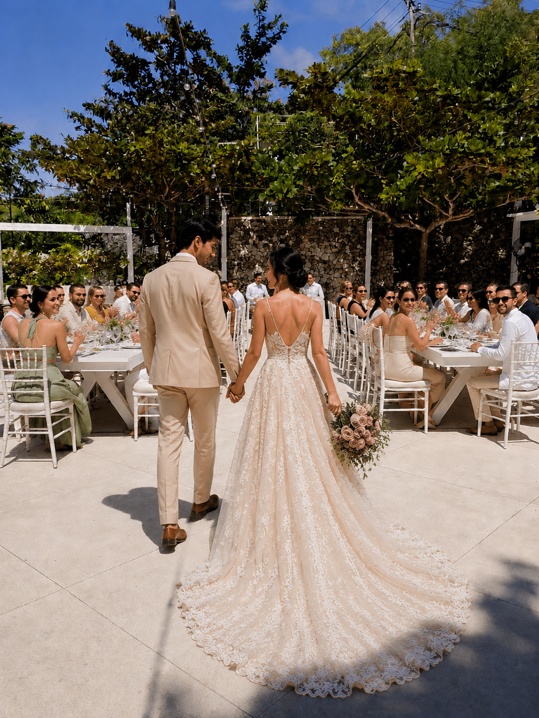 Wedding reception outdoors with bride and groom holding hands, seated guests at long tables, greenery and blue sky in the background.
