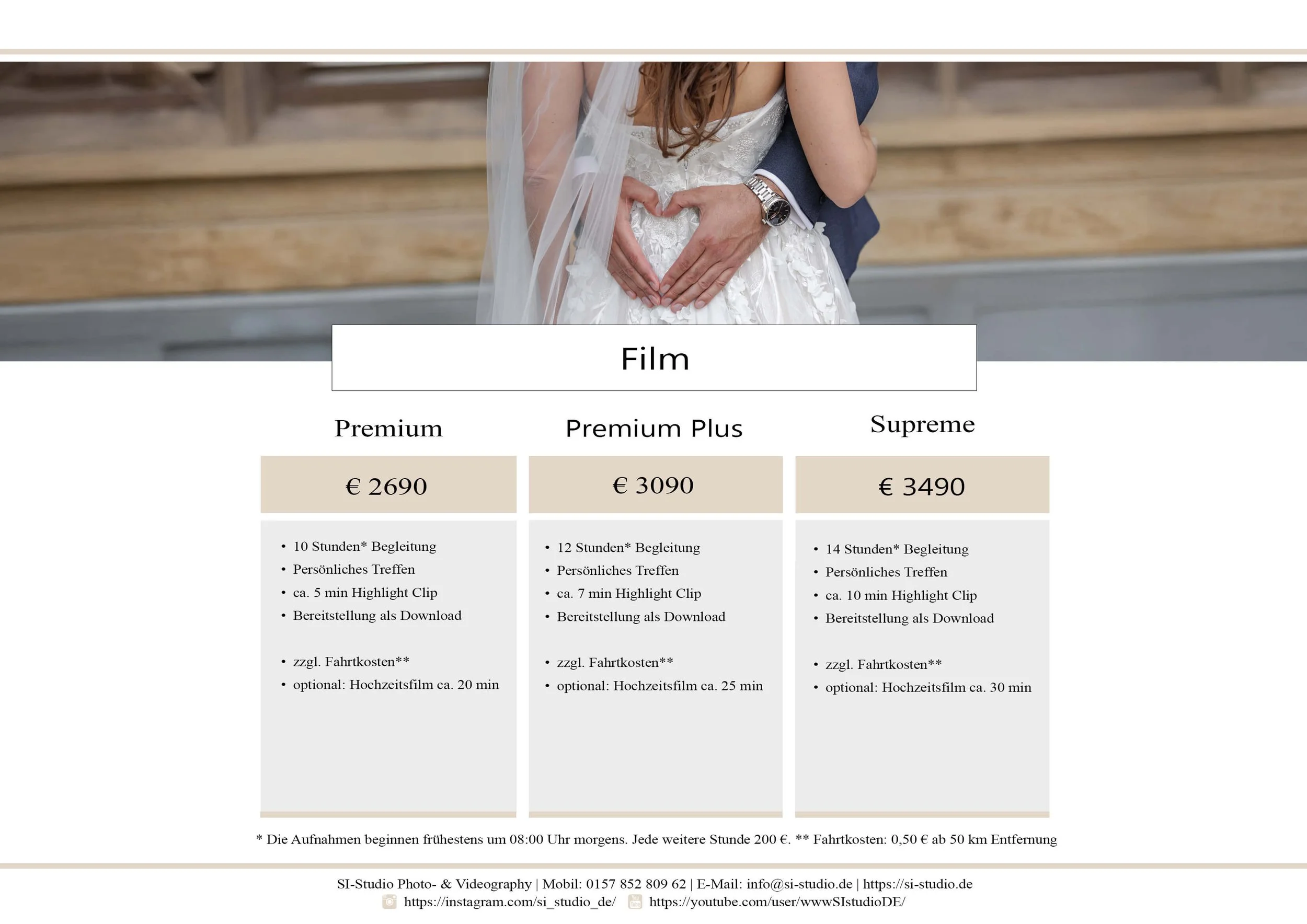 Preistabelle für Hochzeitsfilme mit drei Paketen: Premium, Premium Plus und Supreme; enthält Preise, Leistungsbeschreibung und zusätzliche Kosten.