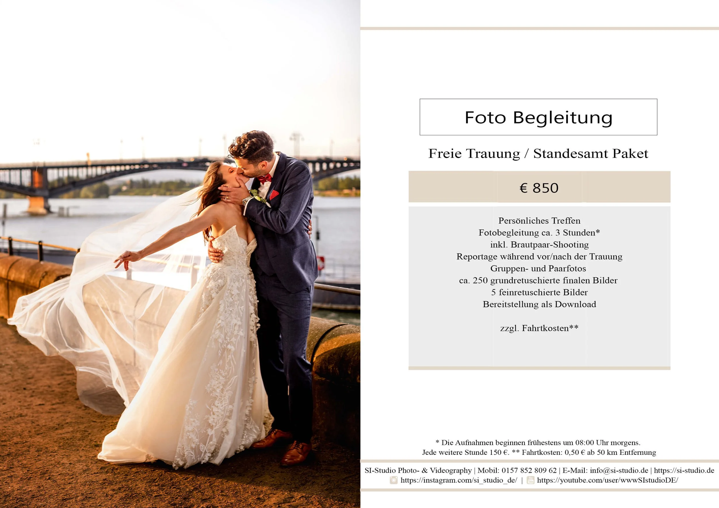 Ein Hochzeitsfoto zeigt ein Paar, das sich am Wasser bei Sonnenuntergang küsst. Die Braut trägt ein langes weißes Kleid mit Schleier, der im Wind weht, während der Bräutigam in einem dunklen Anzug steht.