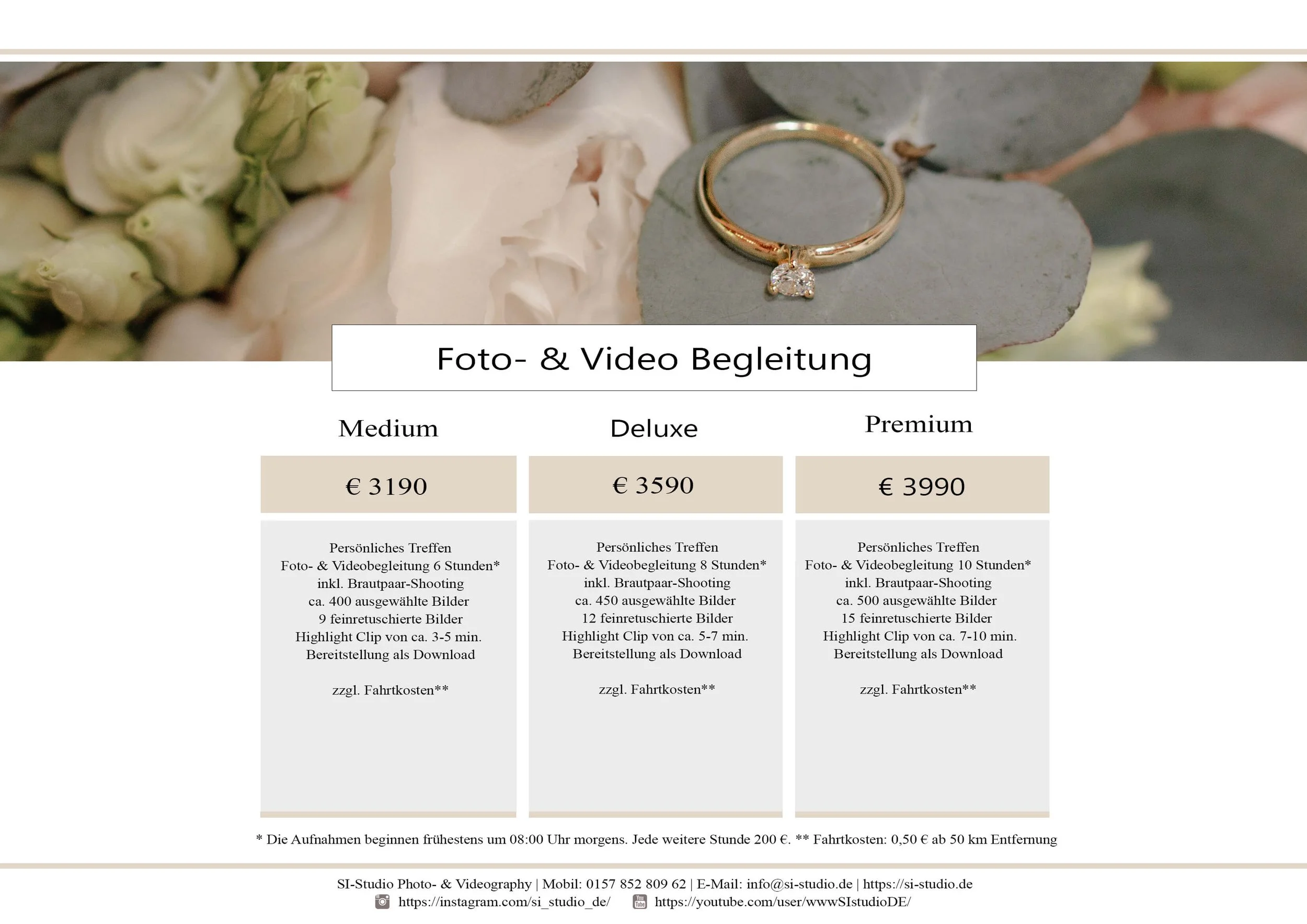 Infoseite für Foto- und Video Begleitung mit verschiedenen Paketen: Medium, Deluxe, Premium, Preis, Details zu persönlichen Treffen, Dauer, Shooting, Bilder, Highlight Clip, Download, zusätzliche Fahrtkosten, Kontaktdaten.