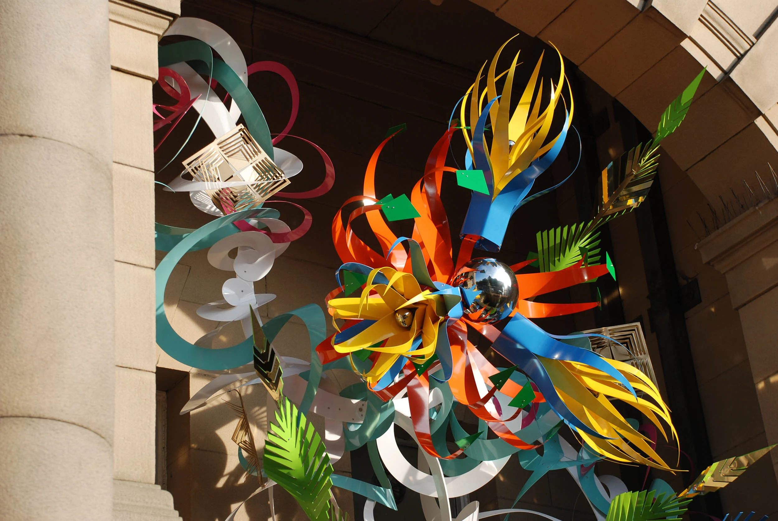 pair outdoor permanent site-specific contemporary entrance architecture canopy facade art installation sculpture