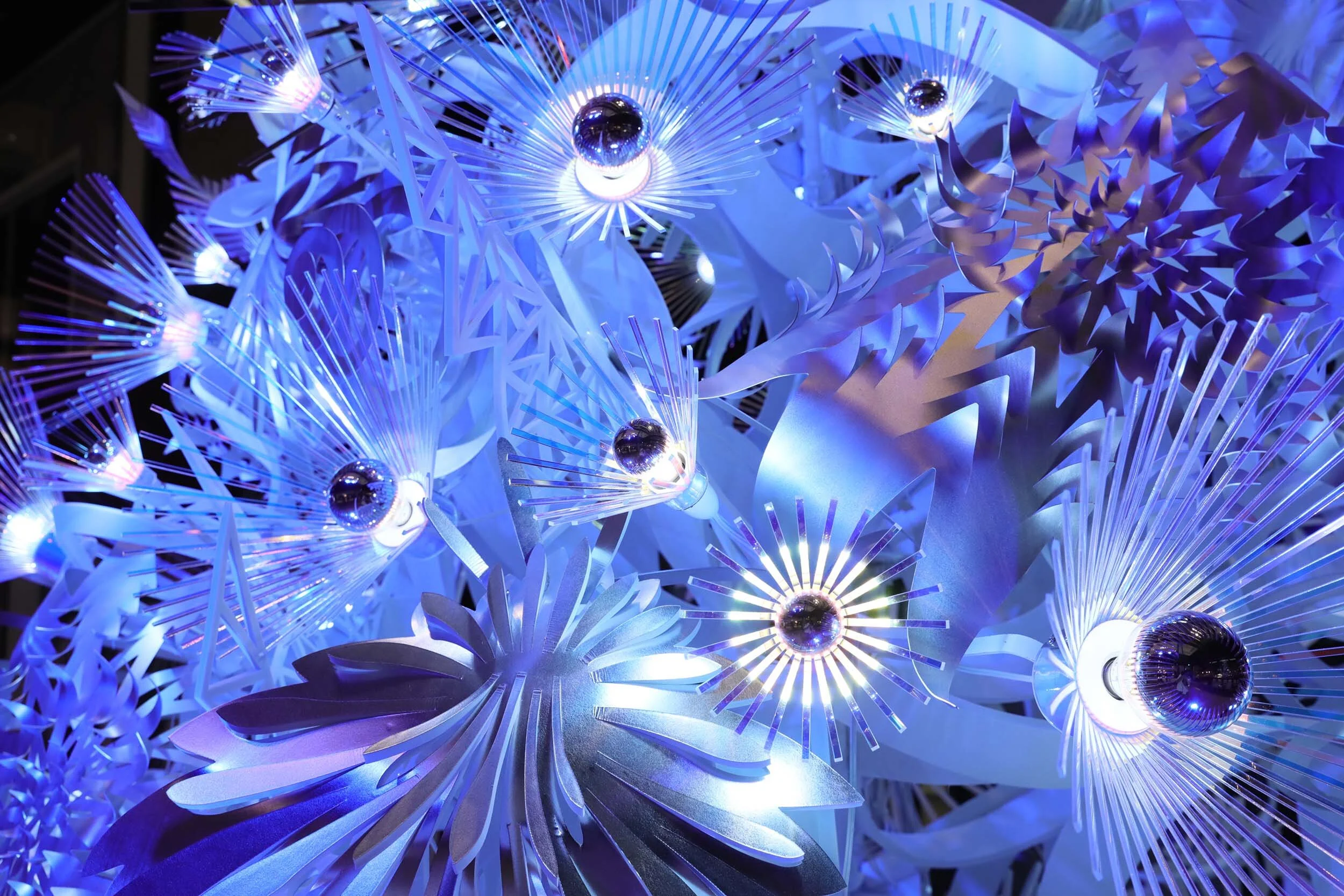 Christmas tree hanging abstract lobby atrium light mixed-media art installation shopping mall
