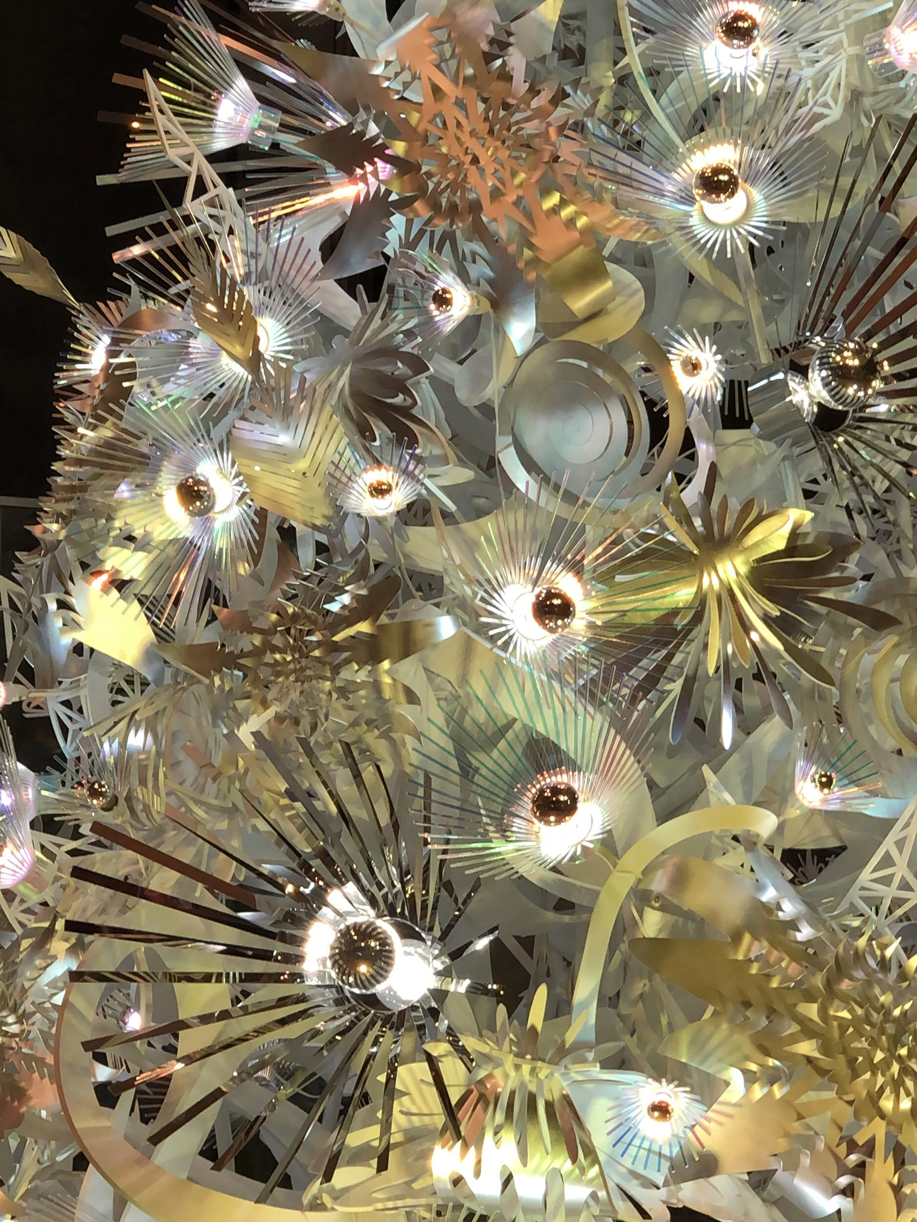 Christmas tree hanging abstract lobby atrium light mixed-media art installation shopping mall