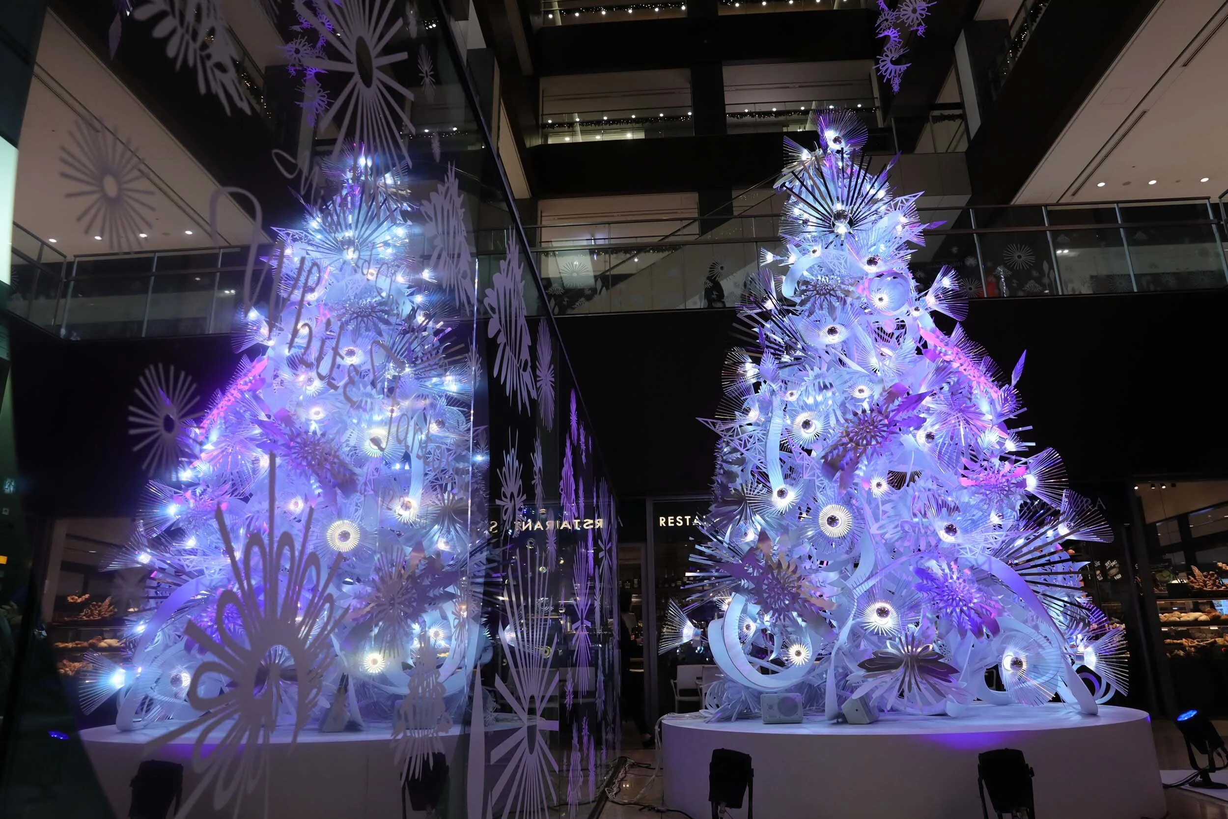Christmas tree hanging abstract lobby atrium light mixed-media art installation shopping mall