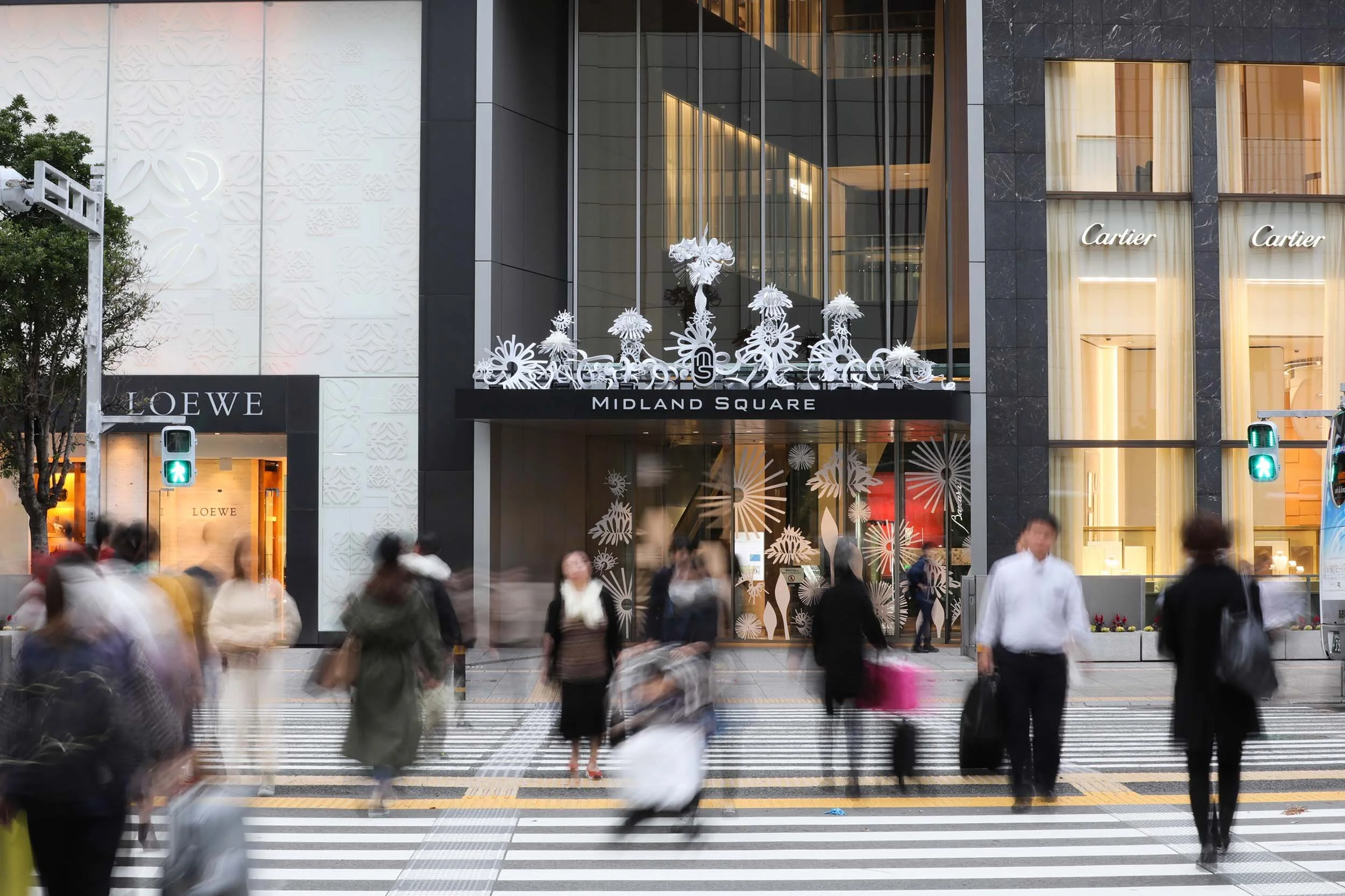 White Christmas dynamic public entrance canopy abstract light mixed-media art installation mall