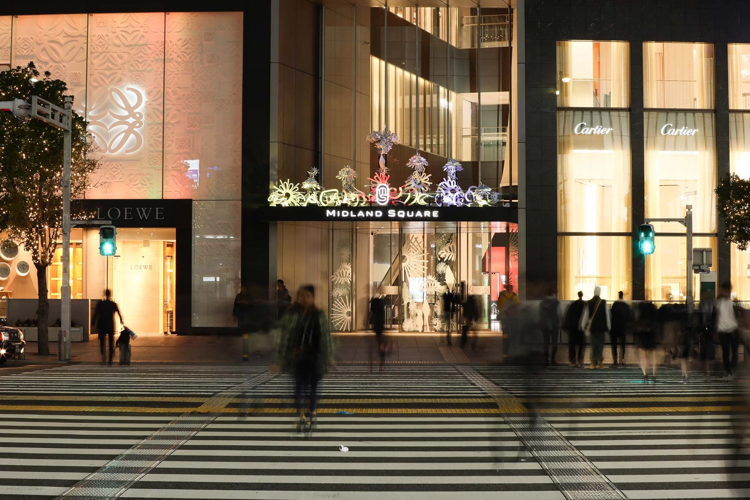 White Christmas dynamic public entrance canopy abstract light mixed-media art installation mall
