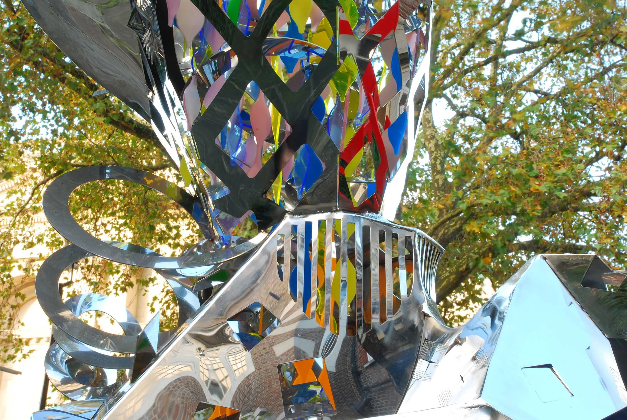 abstract figure polished stainless sculpture chair Henry Moore plinth art project Chelsea