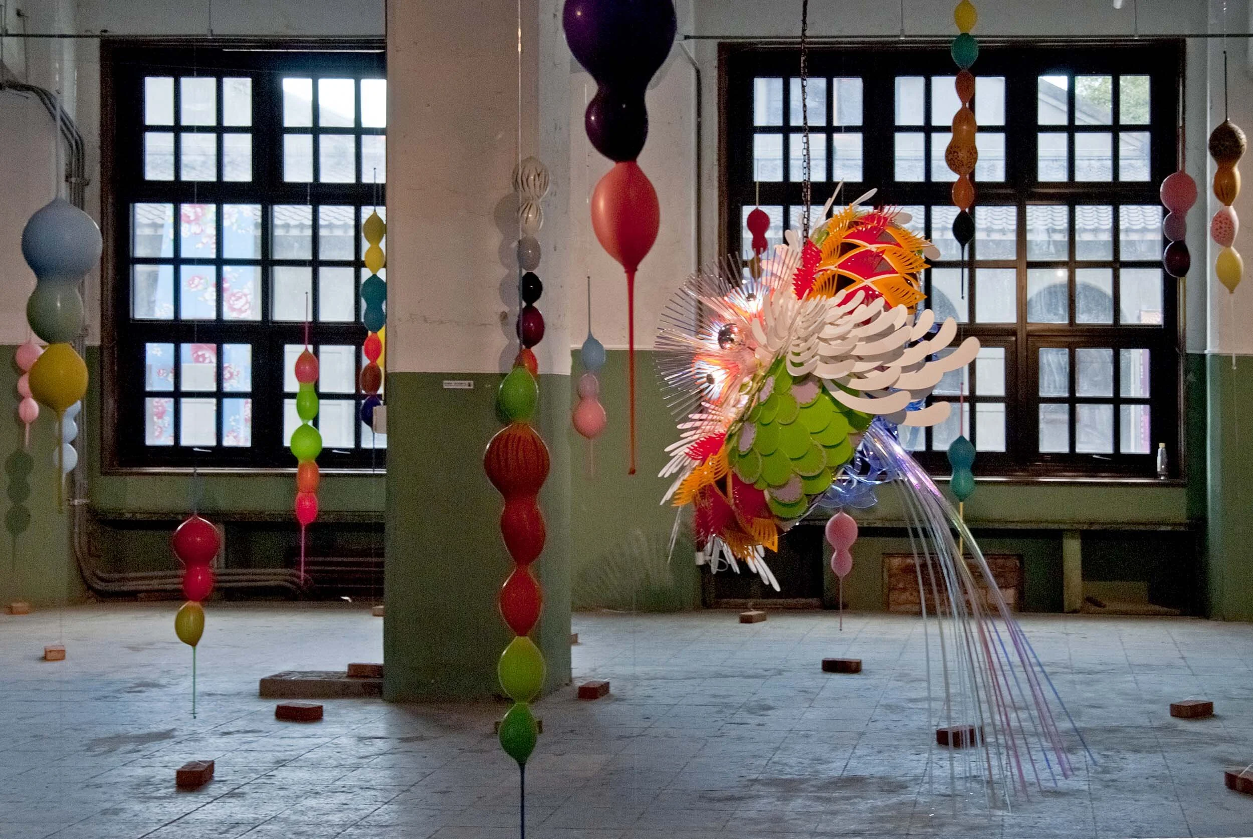 colorful suspended indoor balloons dynamic contemporary light art installation sculpture taipei Songyan