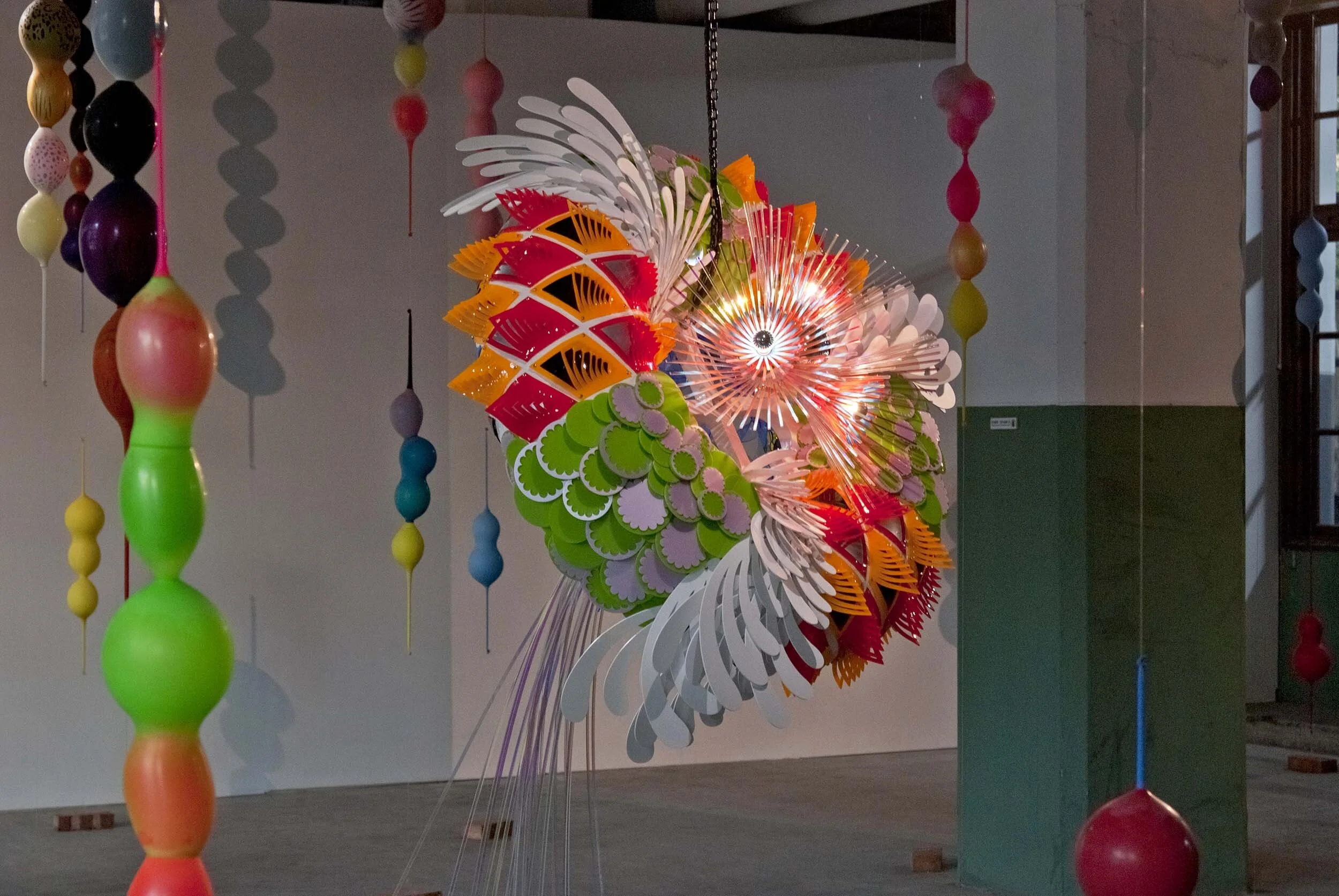 colorful suspended indoor balloons dynamic contemporary light art installation sculpture taipei Songyan
