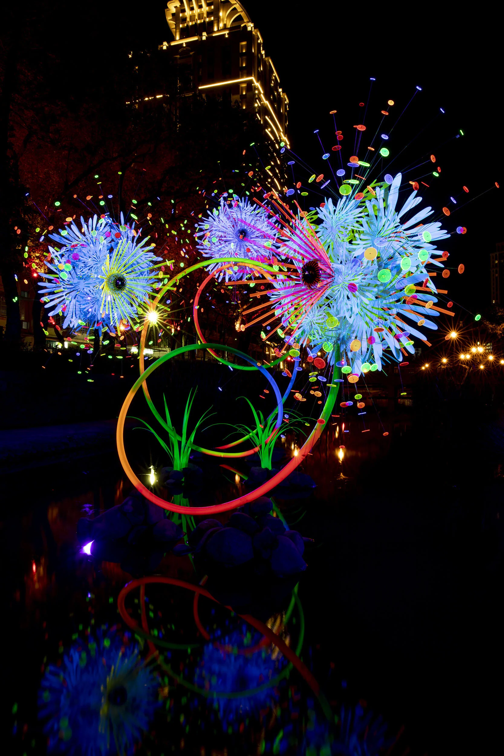 vibrant fluorescent art installation water flower dynamic contemporary light Hsinchu Taiwan Lantern Festival