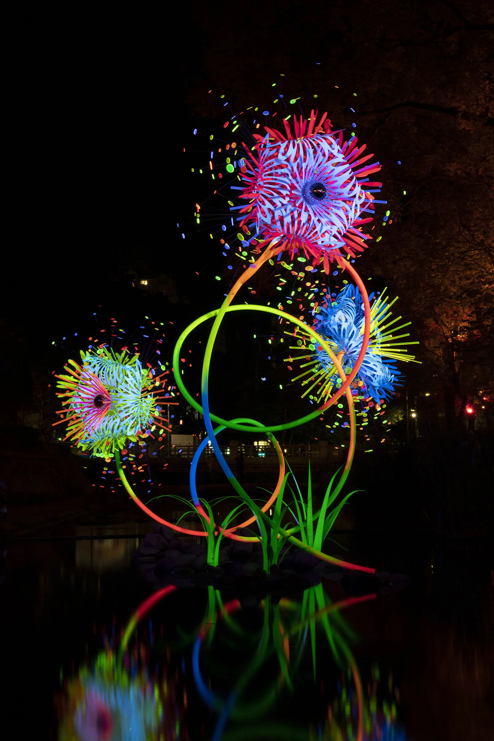 vibrant fluorescent art installation water flower dynamic contemporary light Hsinchu Taiwan Lantern Festival