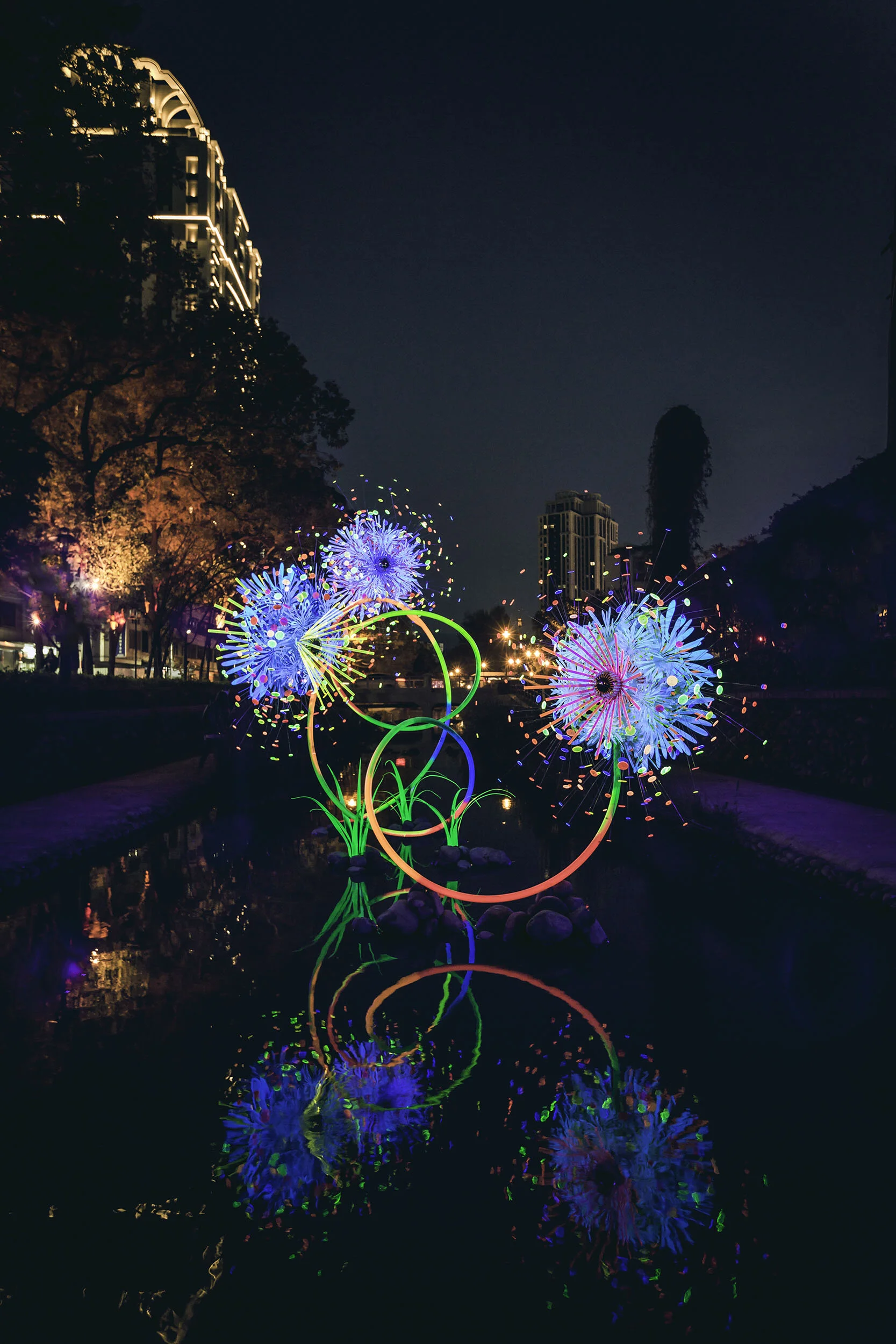 vibrant fluorescent art installation water flower dynamic contemporary light Hsinchu Taiwan Lantern Festival
