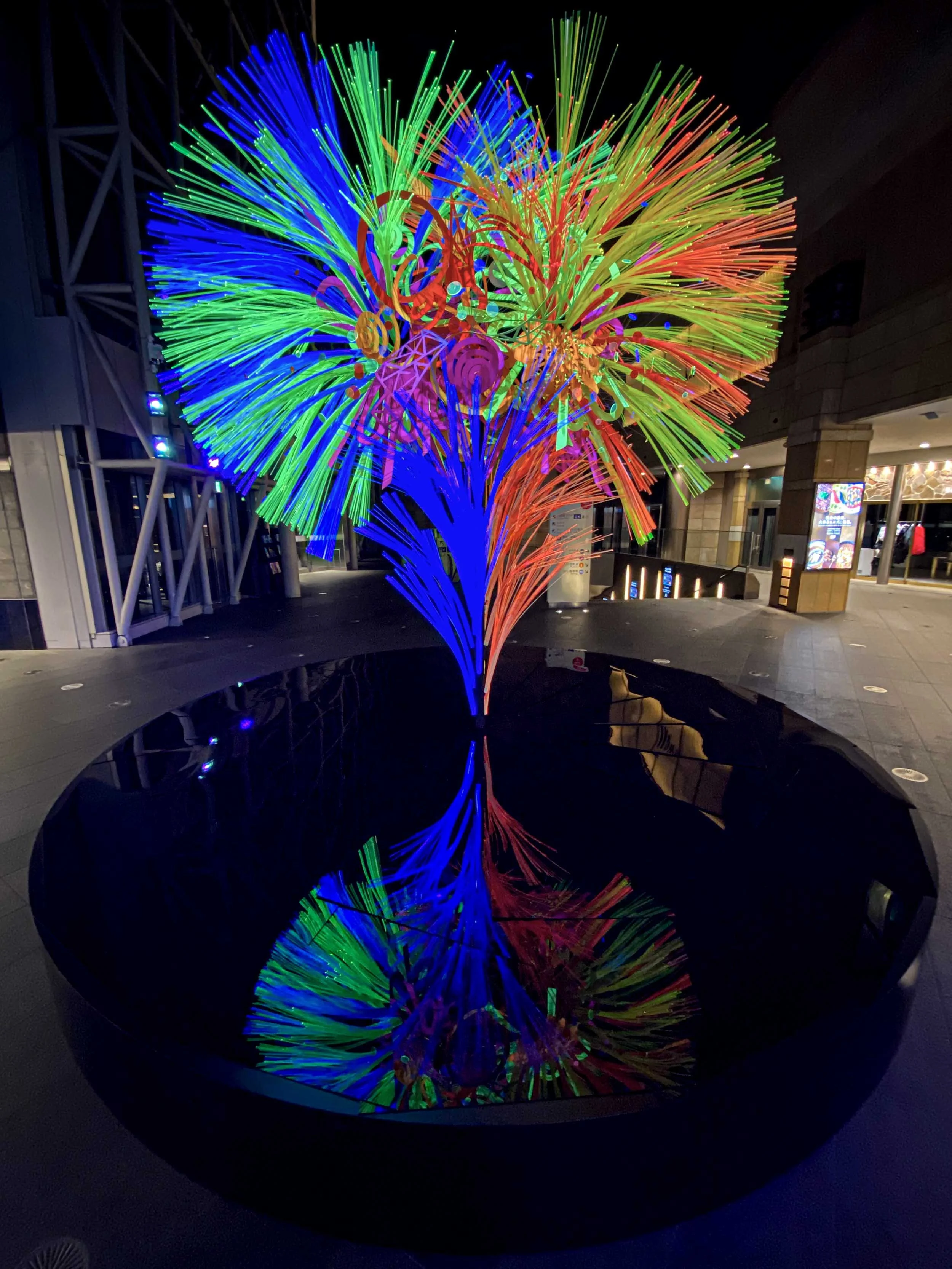  Tsai &amp; Yoshikawa use wind and water in their outdoor installations to create natural movements in their sculptures.&nbsp;&nbsp;In this indoor installation, these external elements are replaced by a polished, black acrylic panel which reflects an