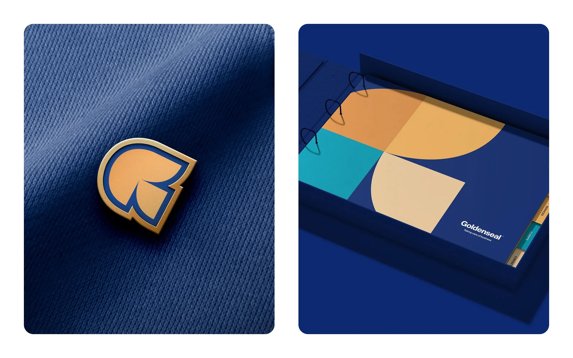 Goldenseal logo displayed on a textured blue background alongside branded stationery with geometric design elements