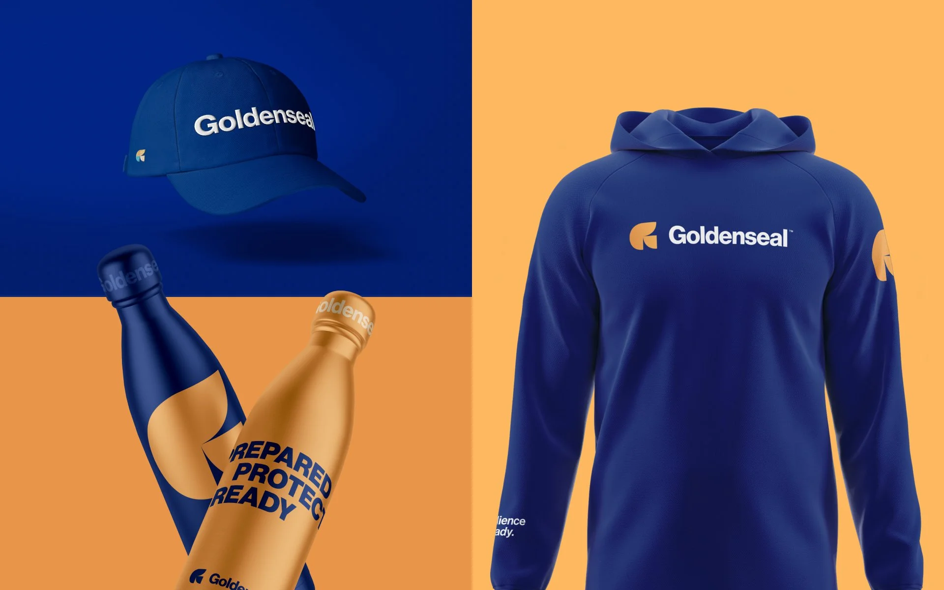 Goldenseal brand merchandise mockups featuring logo on cap, hoodie, and reusable bottles in blue and gold