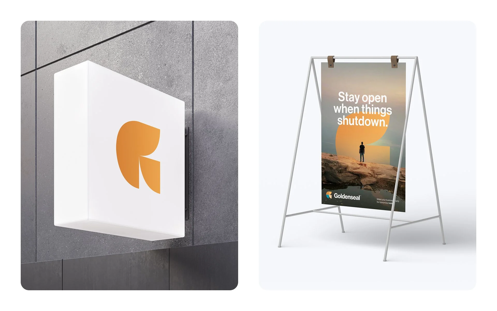 Goldenseal outdoor signage and brand poster displaying logo and messaging “Stay open when things shutdown”