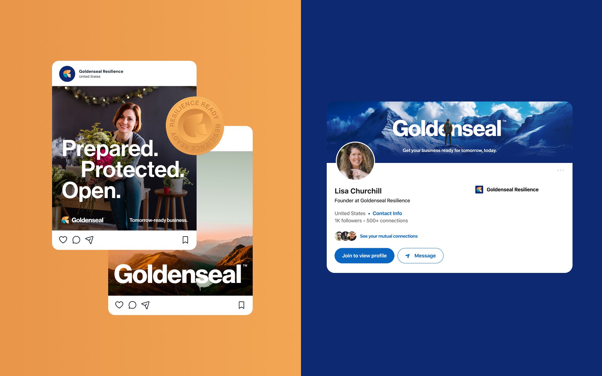Goldenseal social media branding mockups including Instagram post and LinkedIn profile design
