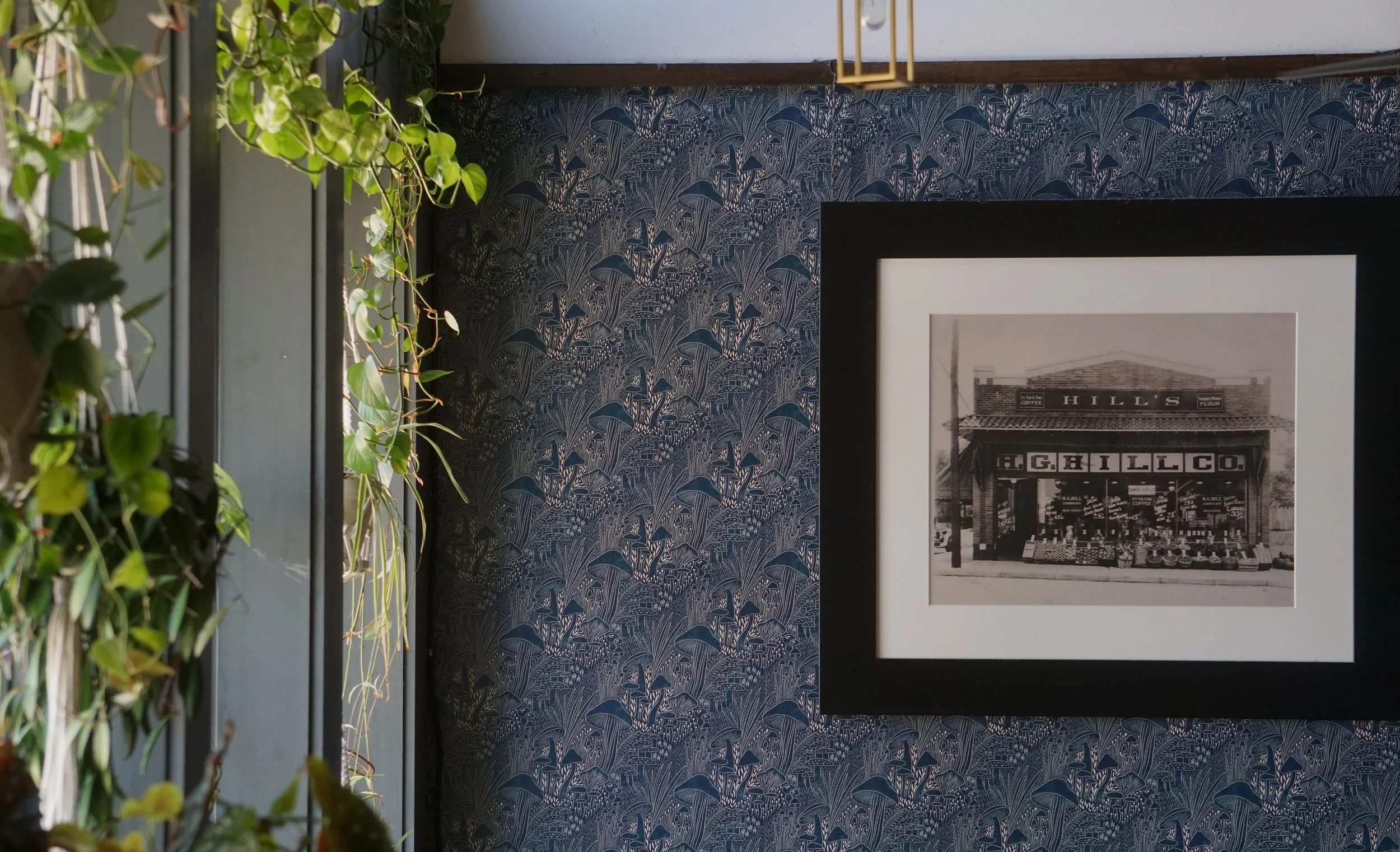  An interior wall of James Beard Award nominated East Nashville restaurant, Lockeland Table that features cozy wallpaper and a photo of a previous iteration of the building. It was an HG Hill grocery store. 