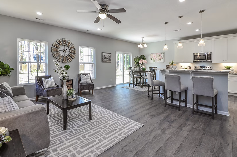 View of living space and open kitchen