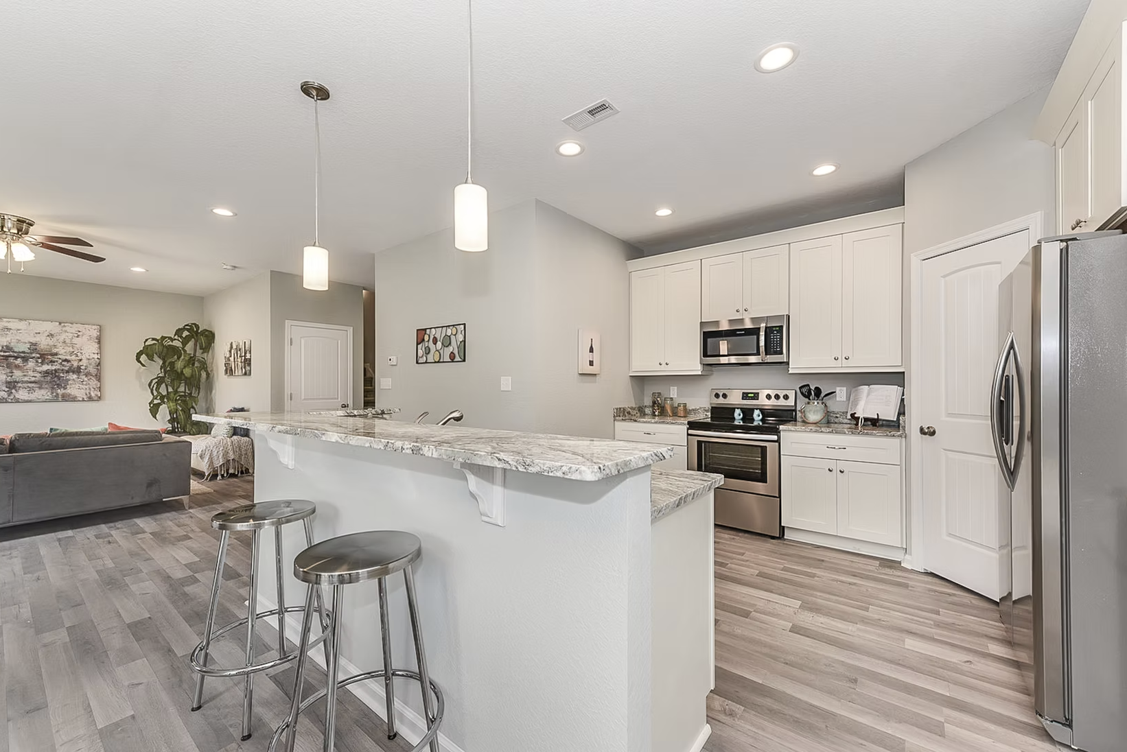 View of kitchen island from the dining space