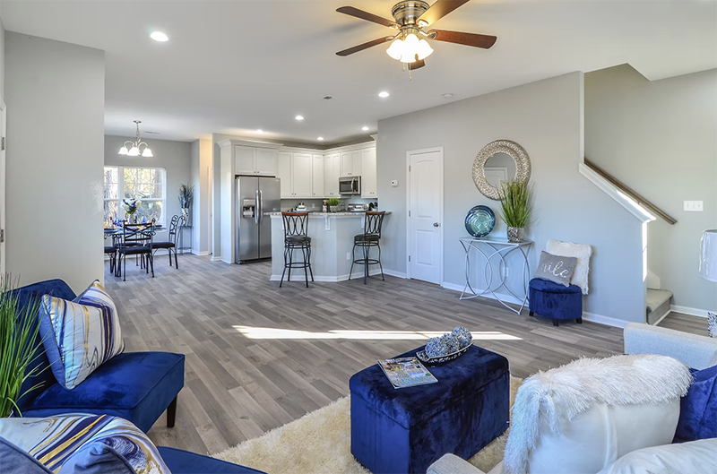View of kitchen from back of living space