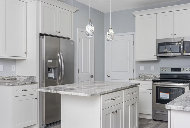 Looking into kitchen view of island