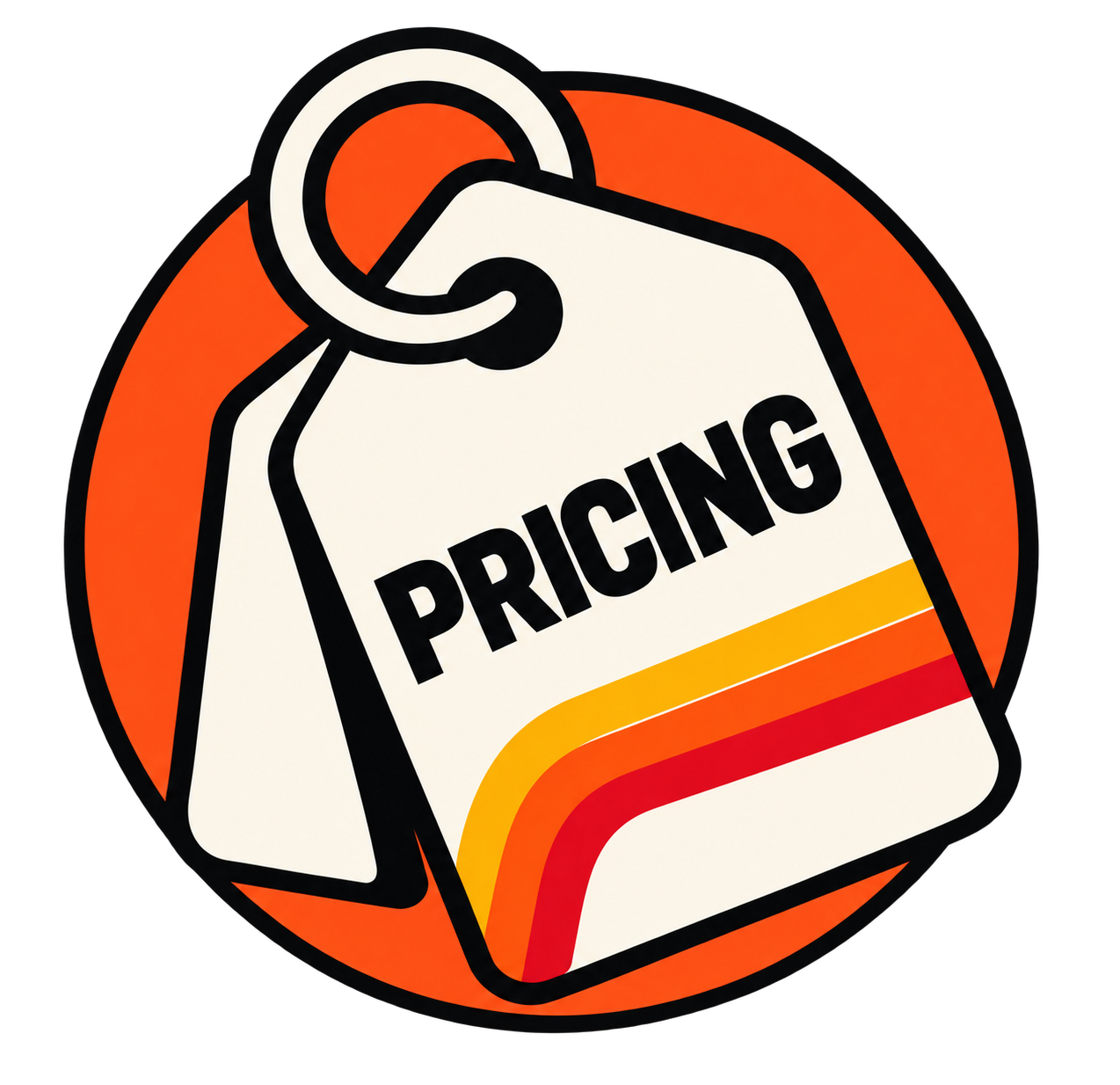 Illustration of a price tag with a rainbow stripe, attached to a circular orange background.