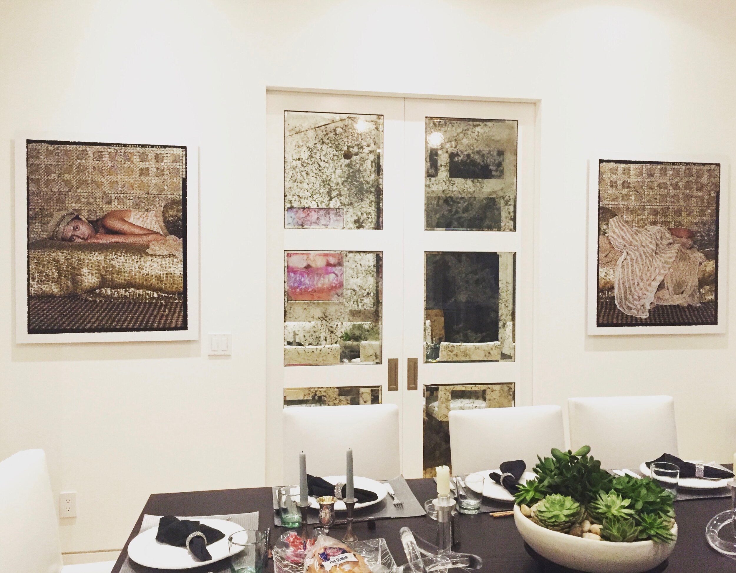 left and right: Lalla Essaydi, Bullets Revisited #30 , diptych chromogenic print mounted to aluminum, 40 x 30 inches each center: Marilyn Minter, Wet Kiss , 2014, C-print, 40 x 30 inches