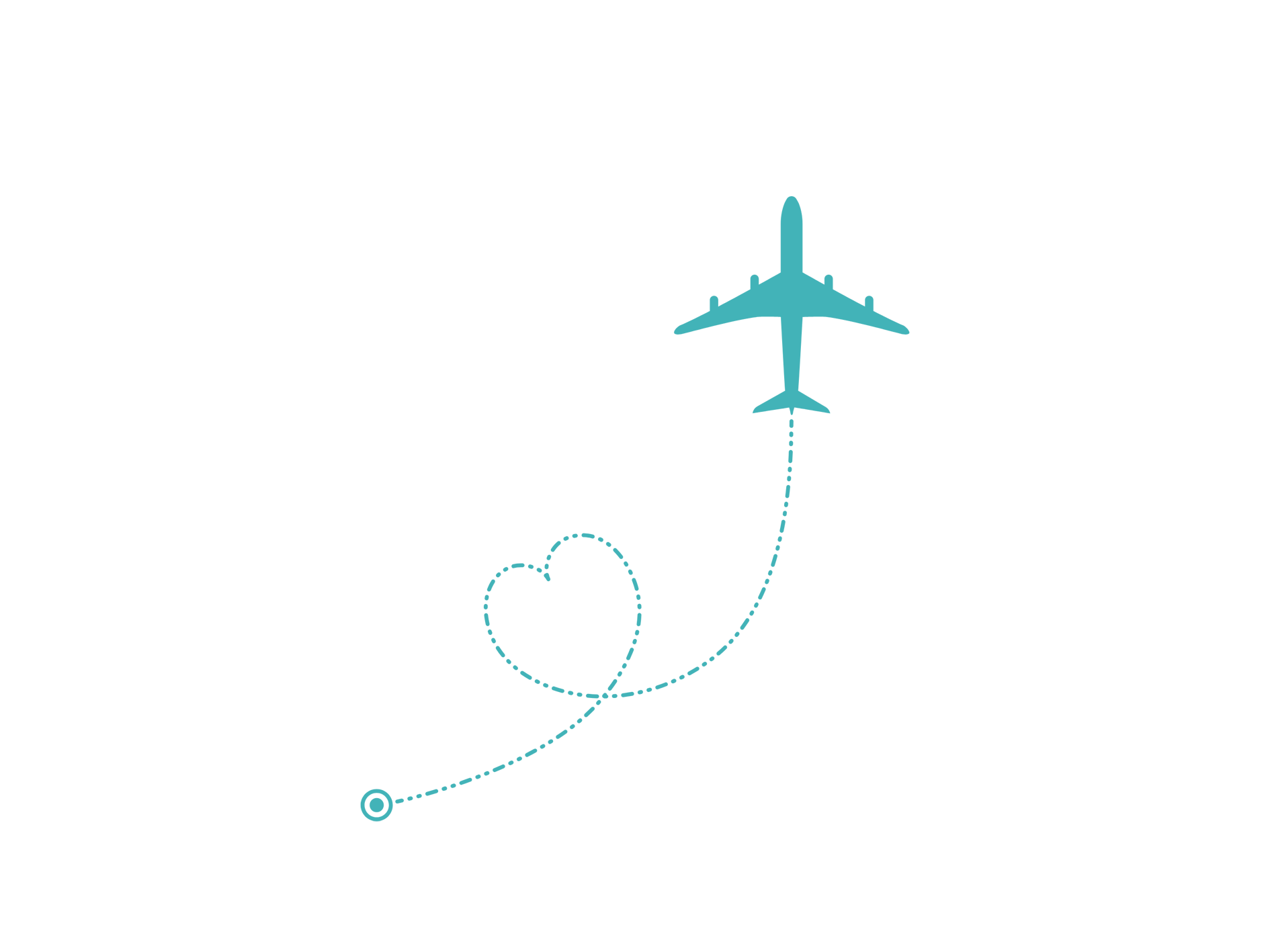 A line drawing of an airplane flying above, leaving a dotted trail in the shape of a heart, against a black background.