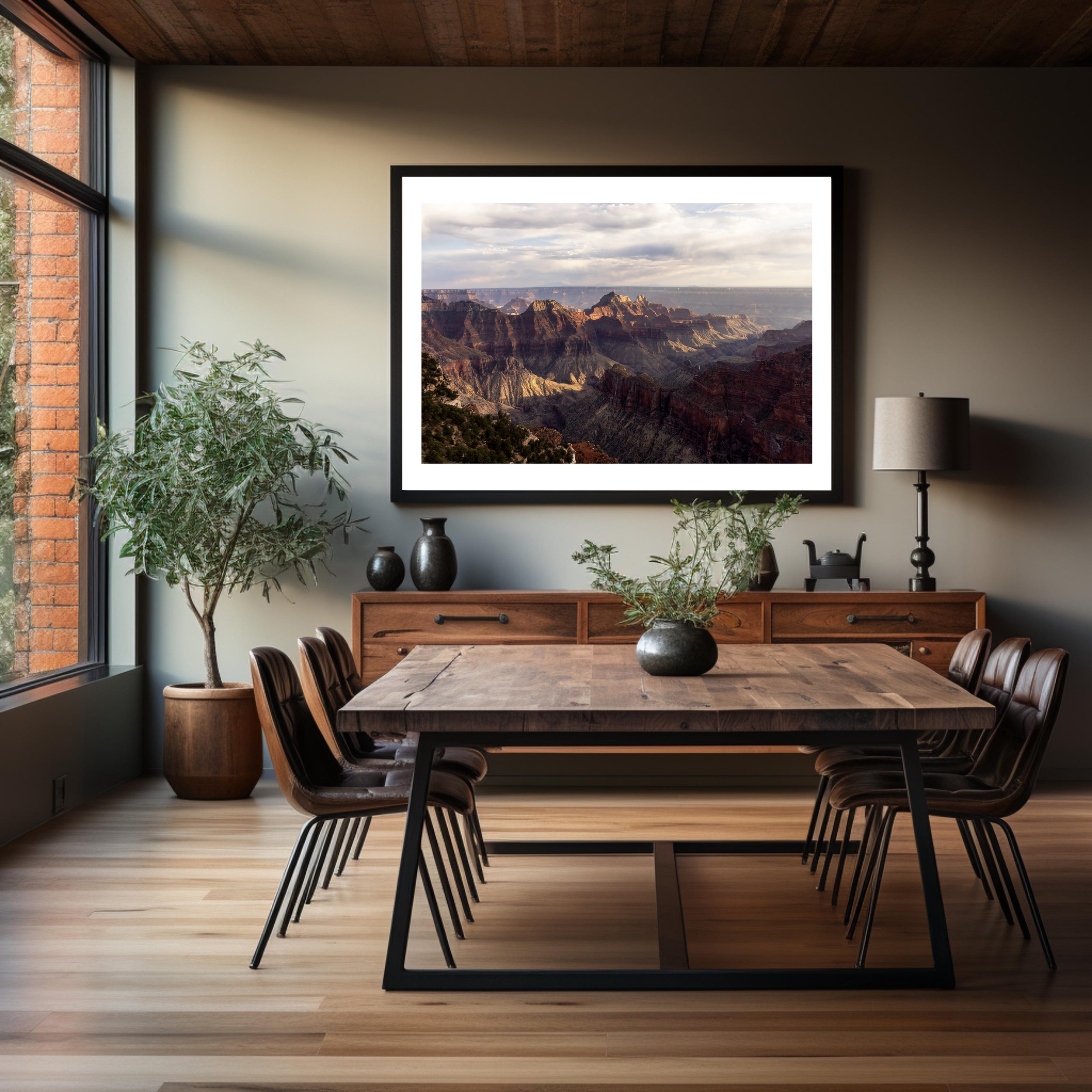 Golden hour over the North Rim of the Grand Canyon beautifully presented with fine art paper and quality wooden frame.