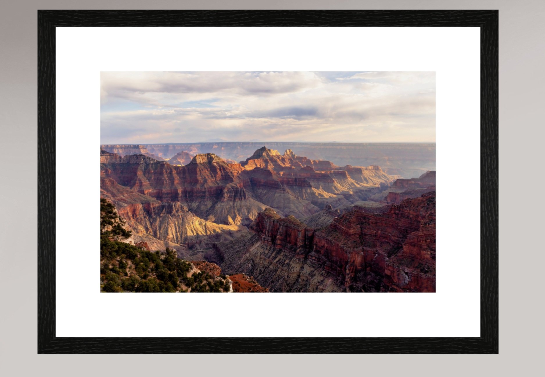 Golden hour over the North Rim of the Grand Canyon beautifully presented with fine art paper and quality wooden frame.