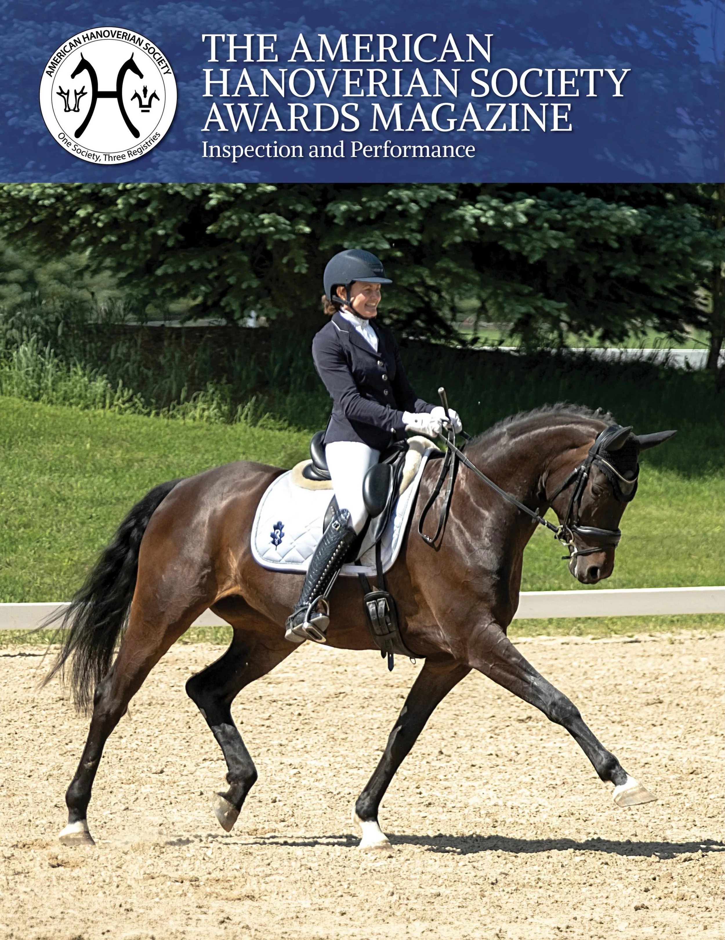 Wow! We did not see this coming but looks like our sweet mare Fendi S (Finest x Sandro Hit/Rotspon,) is the Cover Girl for the Hanoverian Awards Yearbook! This pic was from a couple years ago, but came up for her Journey Award, for top scores nationa