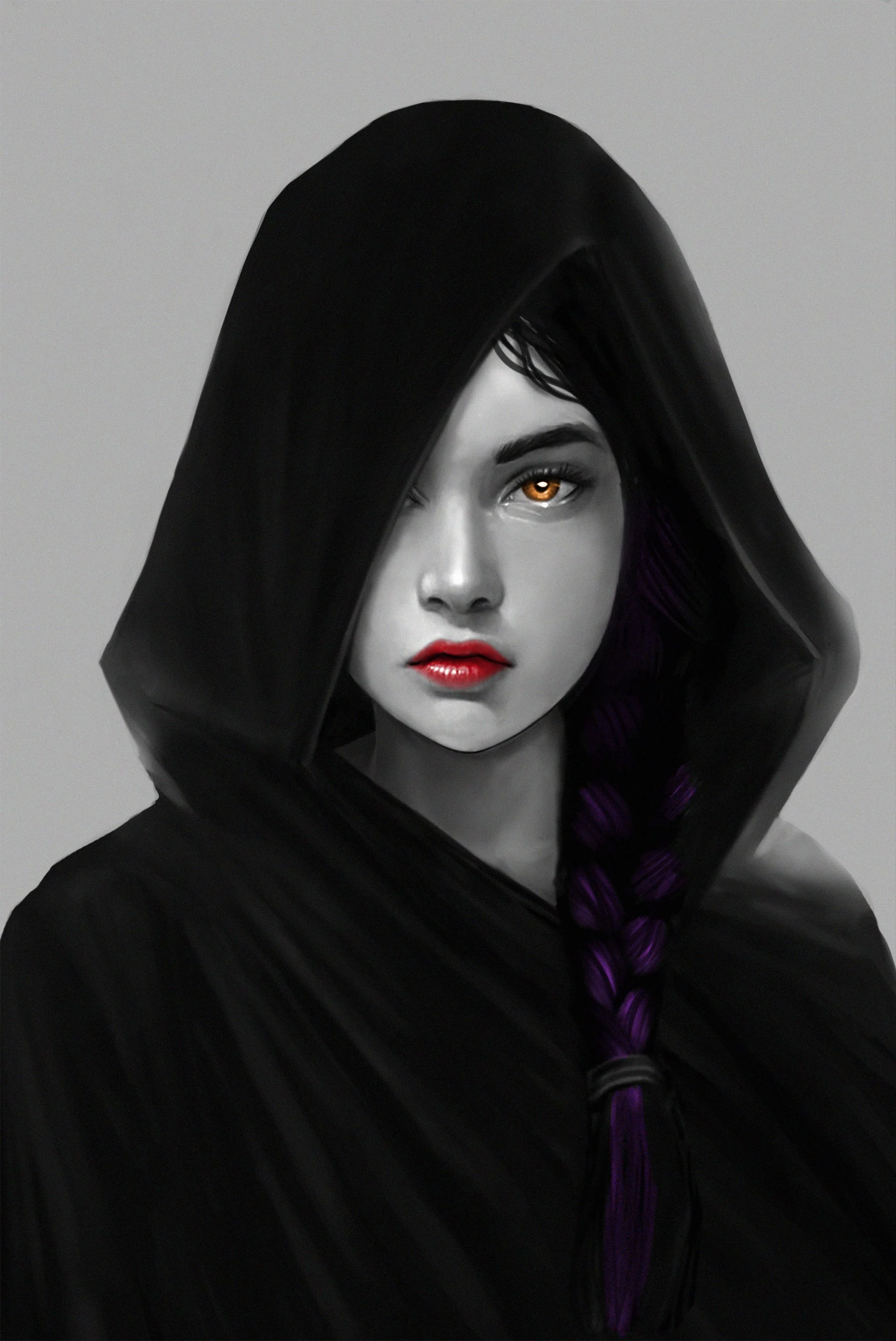 Bust of hooded Alyssalee that reveals the right side of her face. Bright honey-brown eyes, blaring red lips, and a purple braid emerging from over her shoulder.