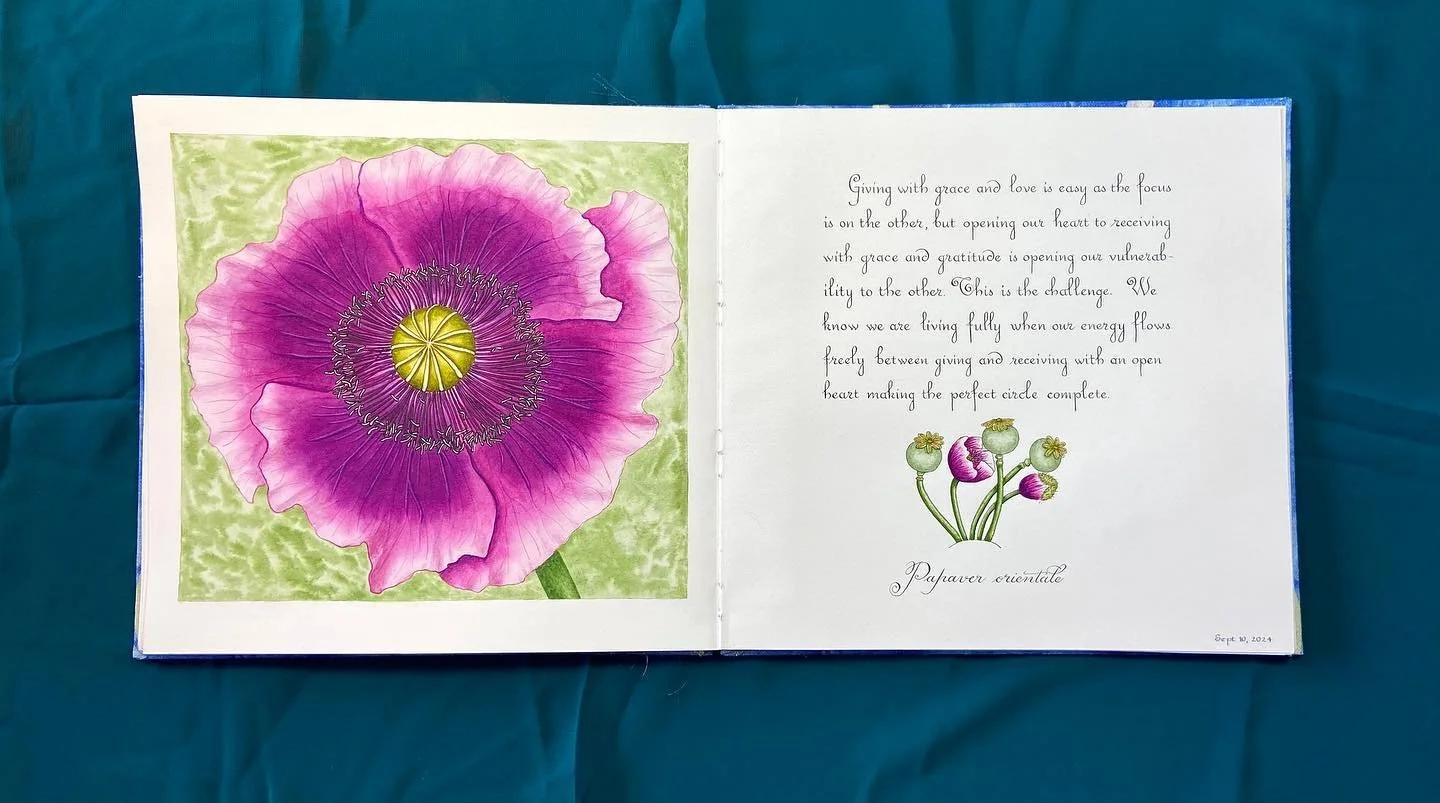 Giving is easy but opening our heart to receiving from others opens our vulnerability: This is the challenge.

#givingandreceiving #openheart #adage #wisdom #poppy #orientalpoppy #giantpoppy #calligraphy #calligraphylettering