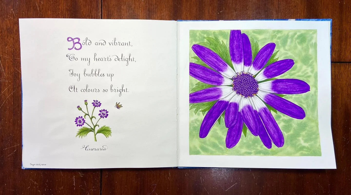 One of the final pages in the journal &lsquo;The Spirit of Flowers&rsquo;. The whole journal took me three years to complete, interspersed with all the other journals I&rsquo;m working on.  It&rsquo;s given me so much pleasure, both in the making and