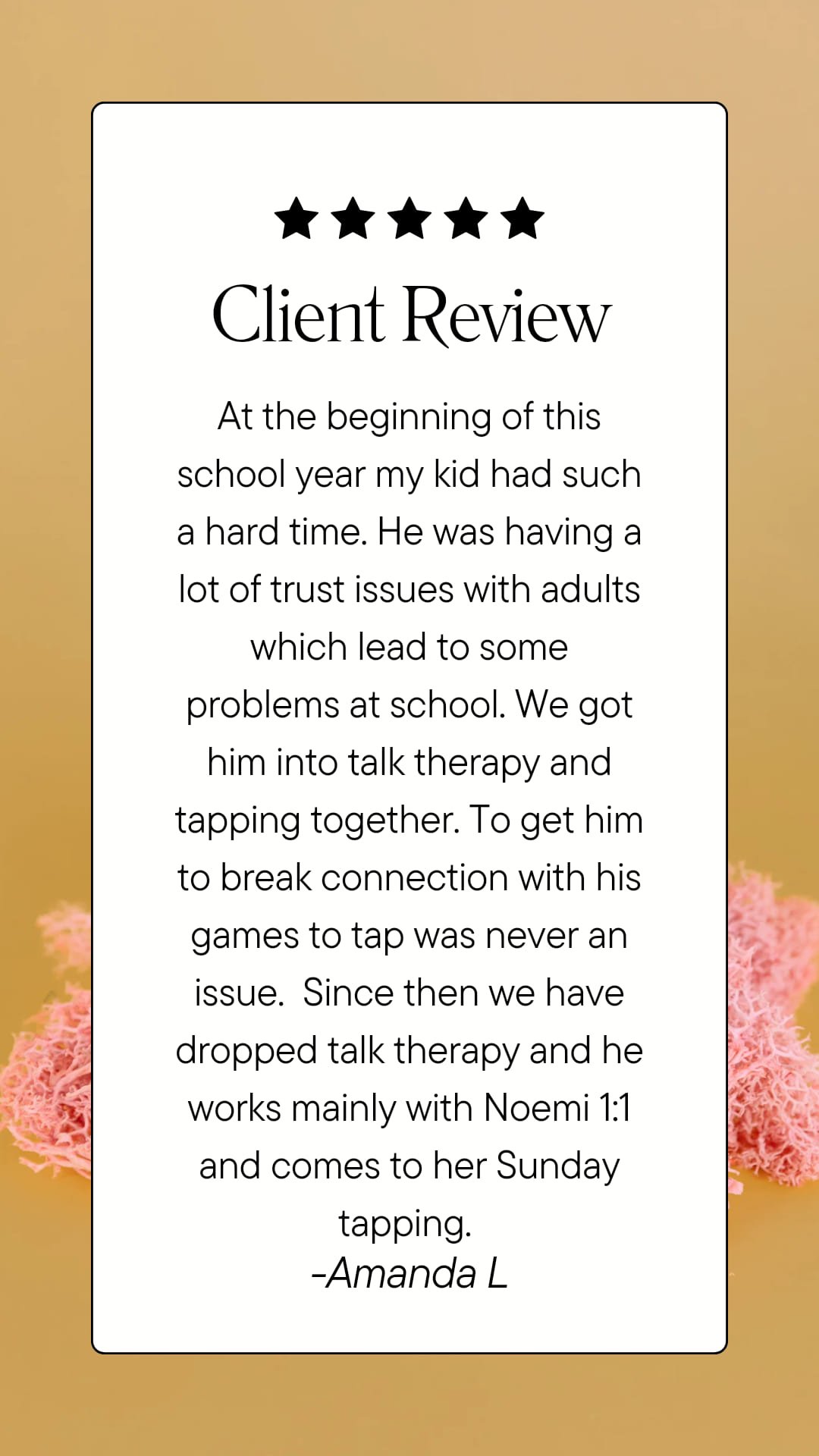 Are you curious about how EFT can help your kiddo?
Read this testimonial from a client who's 9 year old has been tapping with me since 2023...

&quot;At the beginning of this school year my kid had such a hard time. He was having a lot of trust issue