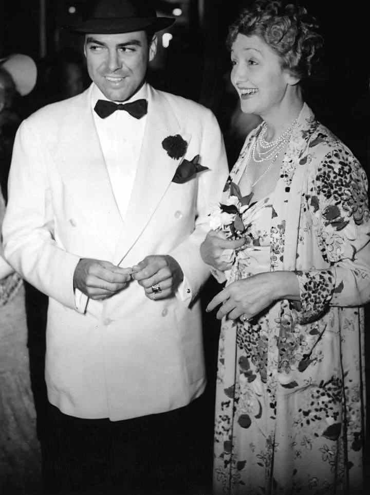 1937: world famous actress and critic Hedda Hopper (1890-1966) with Marque (Marquette) Richards at the world premiere of the United Artists film 'The Prisoner of Zenda'.