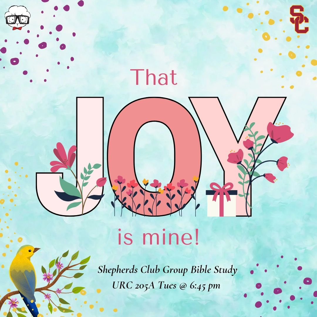 Group Bible study today at 6:45 pm - stop by for a bite to eat (physically and spiritually)! 

We also meet via zoom:

Meeting ID: 979 0327 5149
Passcode: 154449 

#uscshepherdsclub #uscchristians #uscchristianstudents #uscclassof2024 #uscclassof2025