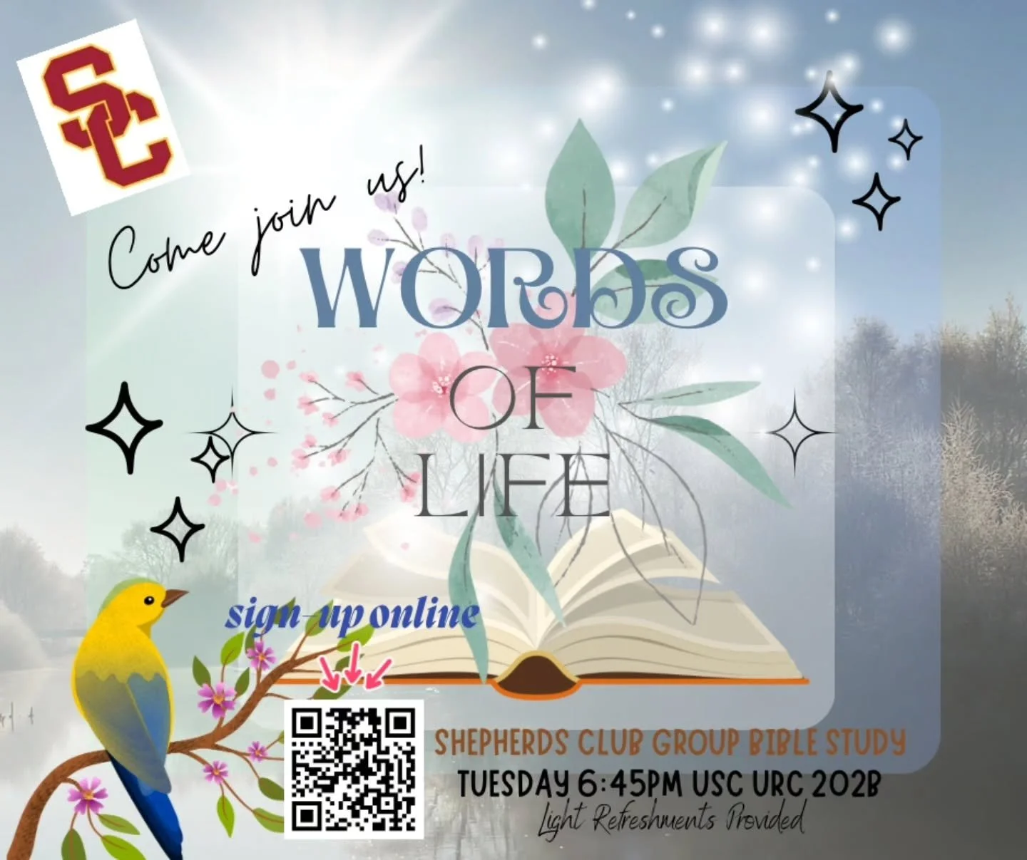 Join us for group Bible study tonight! We meet Tuesdays at 6:45 pm in URC room 202B. Hope to see you there!

You can also join via zoom:

Meeting ID: 979 0327 5149
Passcode: 154449 

#uscshepherdsclub #uscchristians #uscchristianstudents #uscclassof2