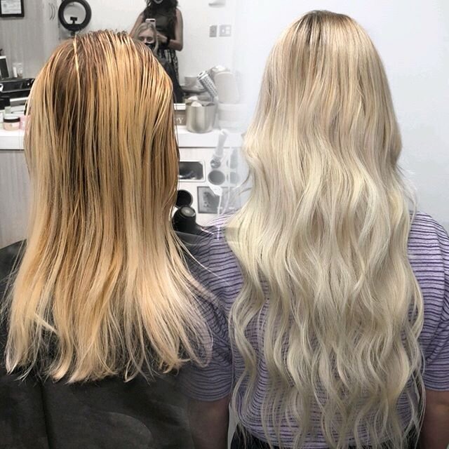 Okay major transformation and we are here for it😍 This pretty ladies first time ever having extensions &amp; it&rsquo;s already been such a game changer!! Custom blonding + custom extension install + gloss 🥰
&bull;
&bull;
&bull;
&bull;
&bull;
#slch
