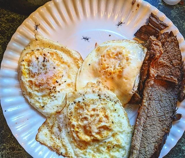 A couple of breakfasts ago. Eggs, brisket and ants.