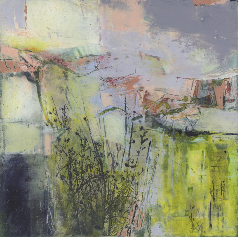 Abstract painting by Dorking artist Joanne Olney depicting seed heads silhouetted against mountainous landscape  