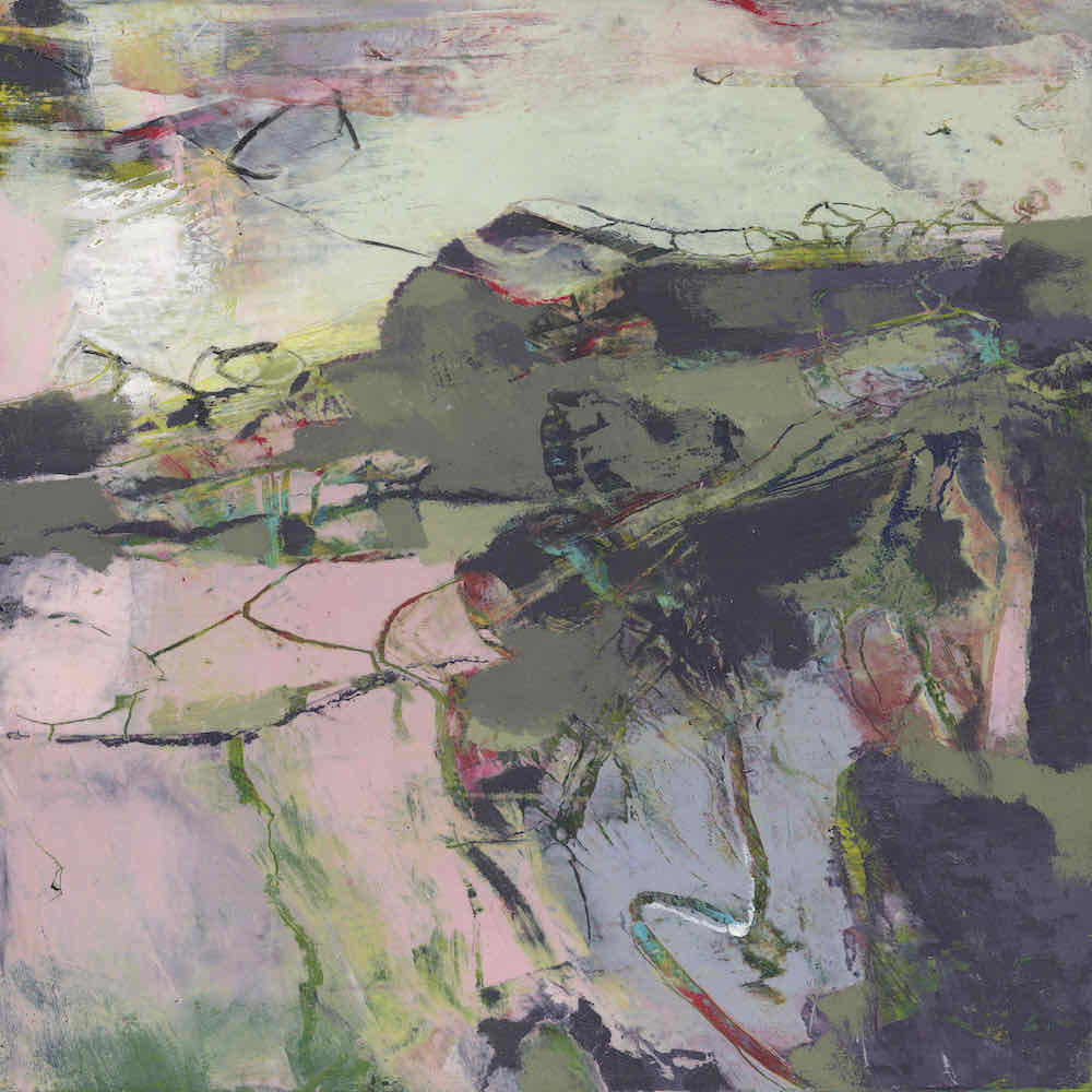 Abstract painting by Dorking artist Joanne Olney depicting a dramatic mountainous landscape  