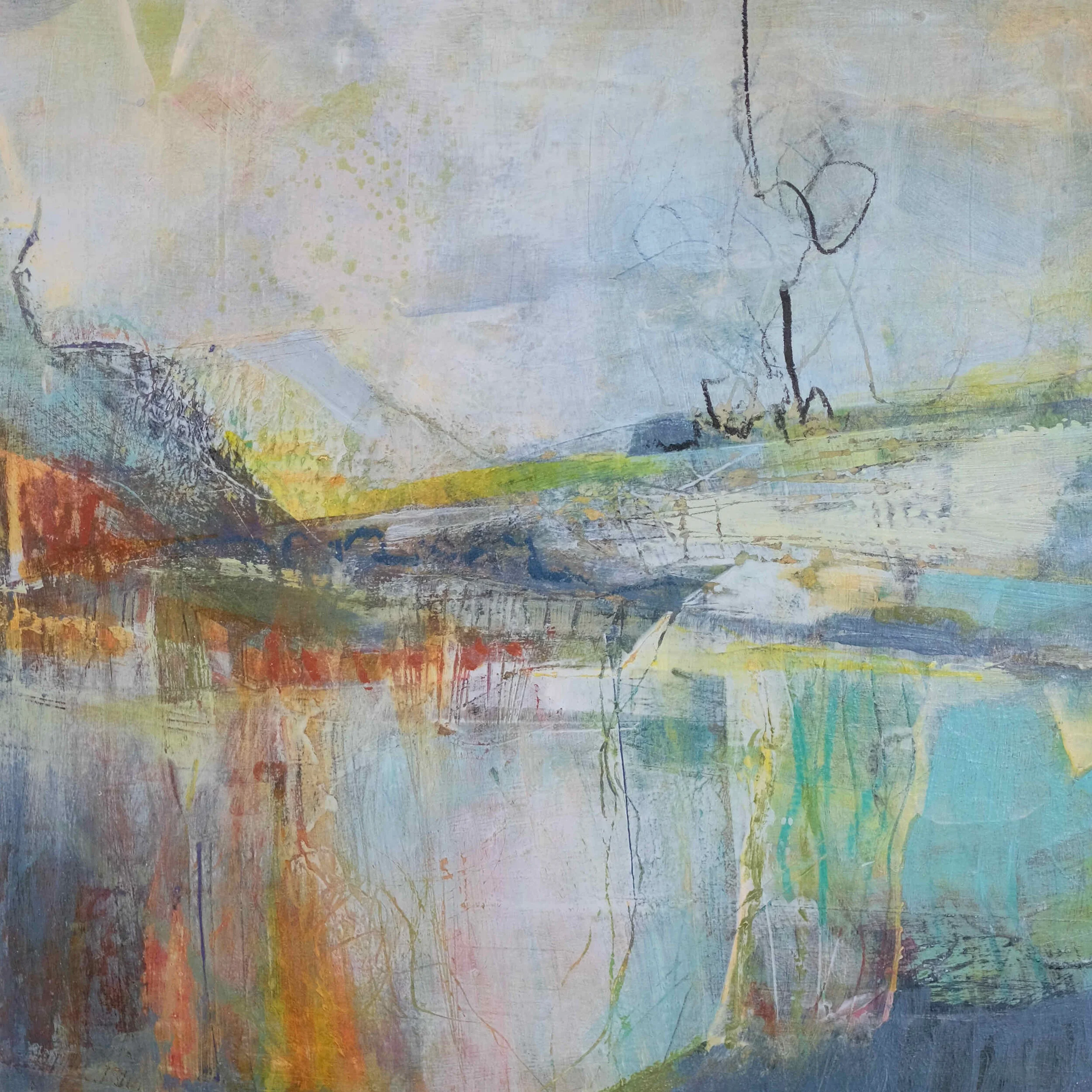 Abstract painting by Dorking artist Joanne Olney of a lake with reflections of the landscape 