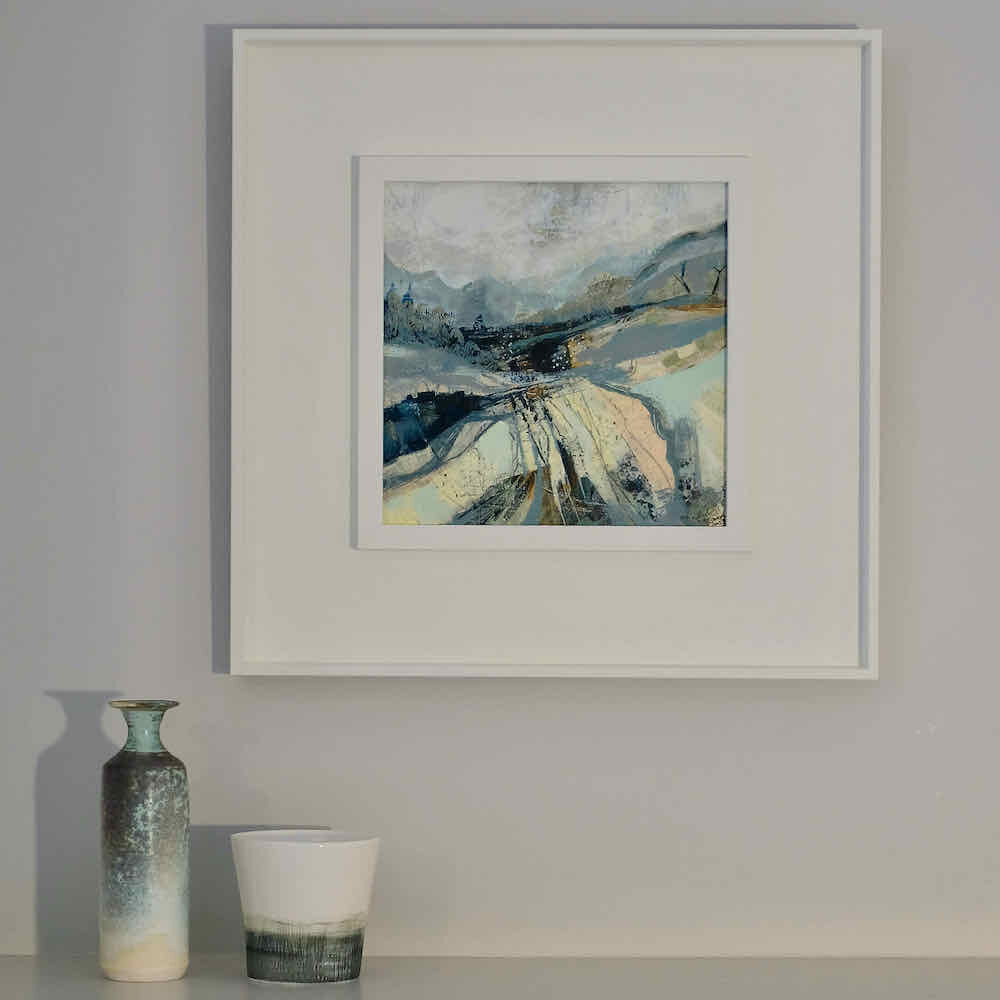St Ives framed neutral coloured painting by Dorking artist Joanne Olney of a rugged landscape 