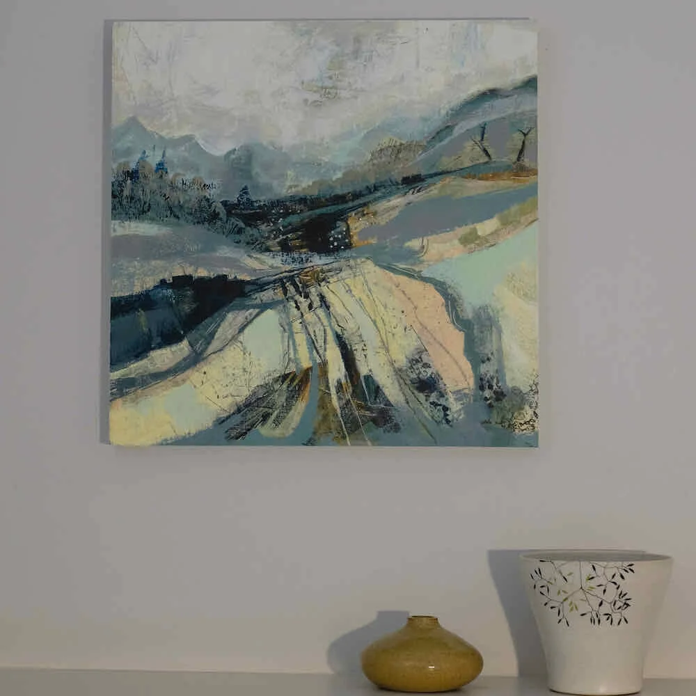 Panel mounted painting by Dorking artist Joanne Olney of a rugged landscape in neutral tones