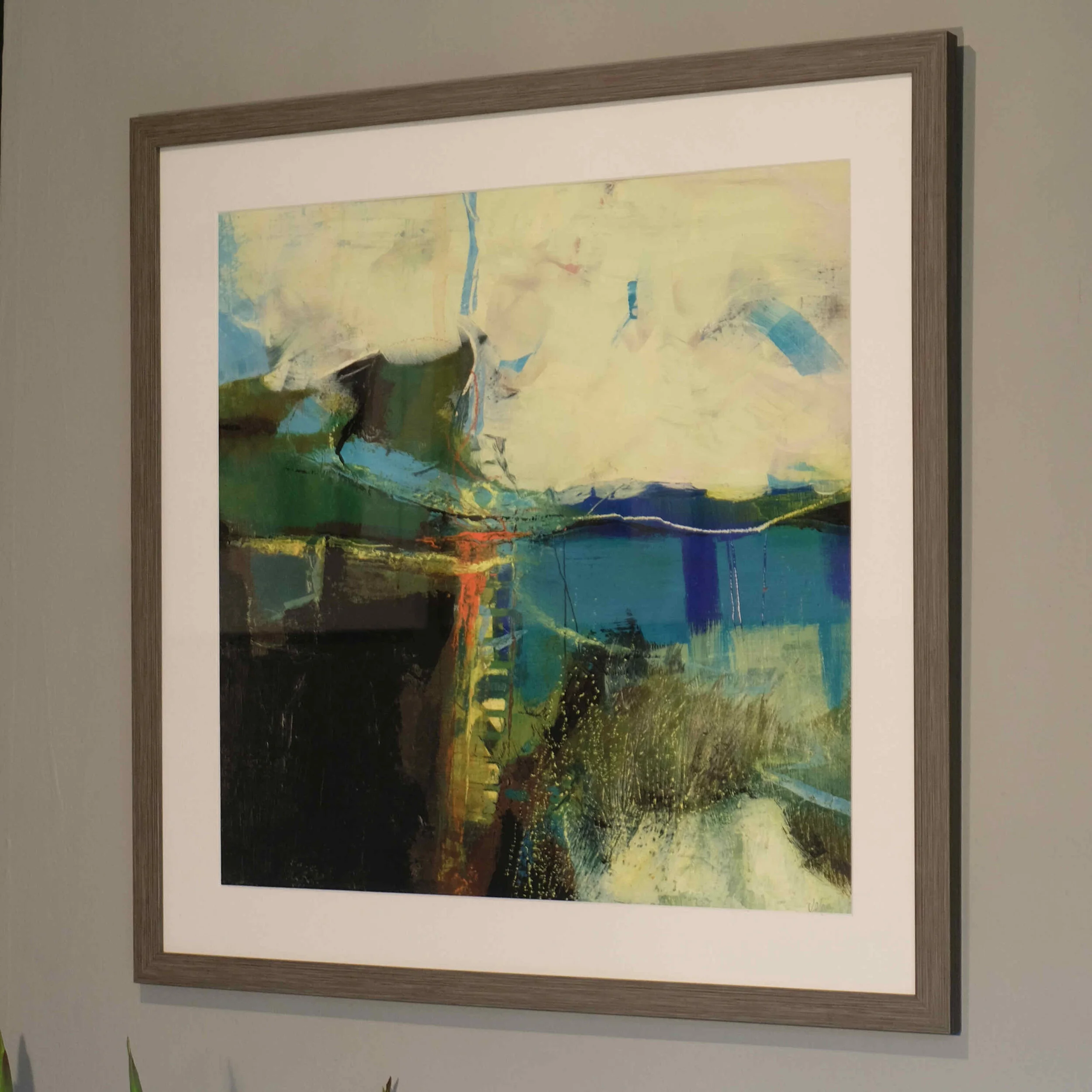 Framed painting by Dorking artist Joanne Olney of a coastal scene with sand dunes