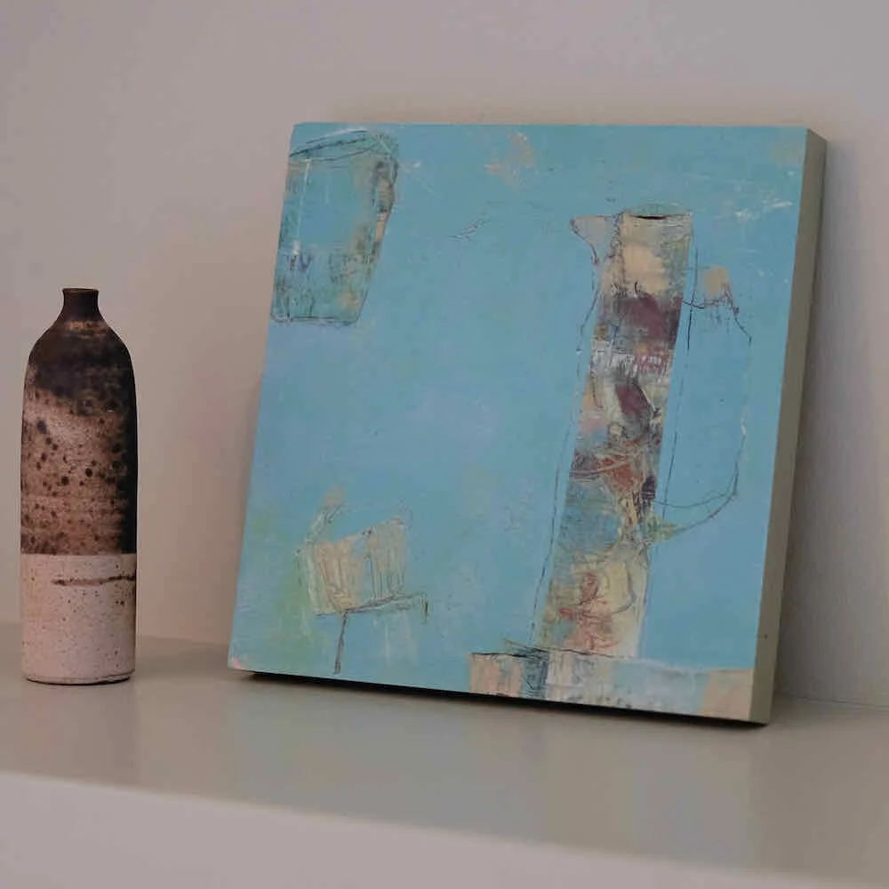 Panel mounted painting by artist Joanne Olney of a jug, 2 vessels on turquoise background