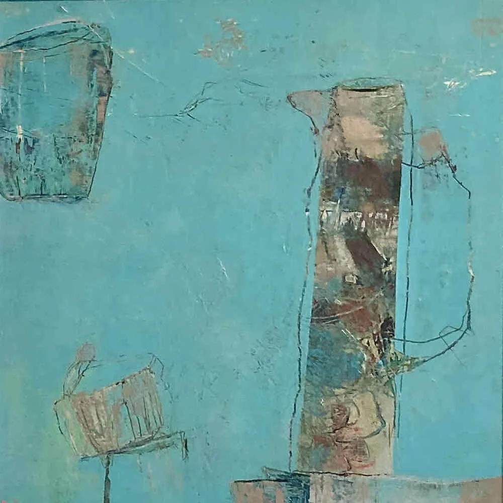Abstract painting by Dorking artist Joanne Olney of a jug, 2 vessels on turquoise background
