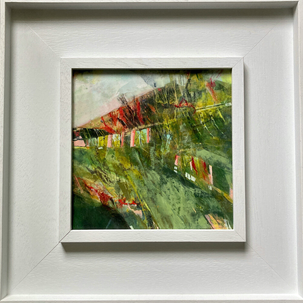 Semi abstract St Ives framed mixed media landscape painting by Joanne Olney 